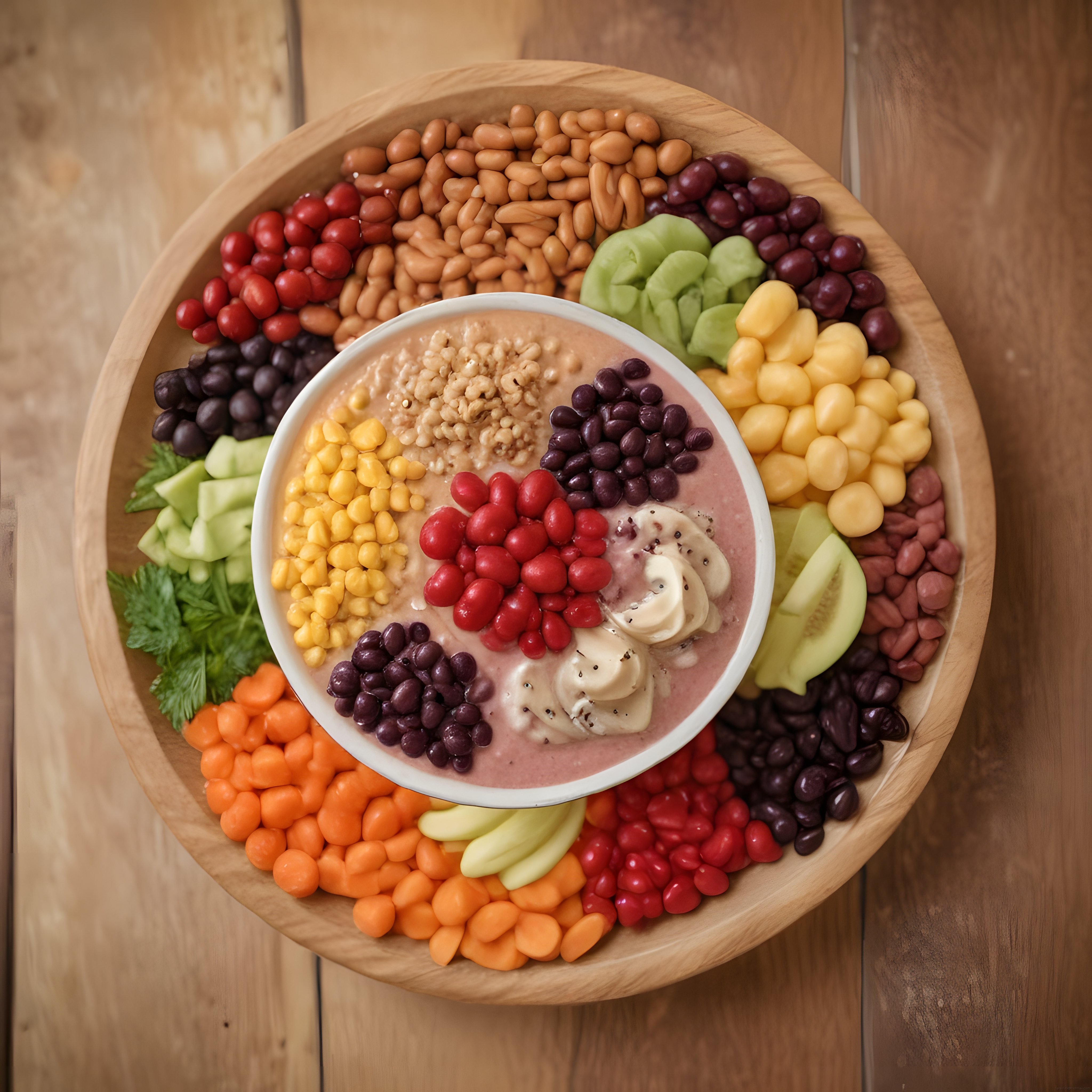 Ahşap tepsi üzerinde merkezinde smoothie kasesi olan renkli sağlıklı gıda sunumu