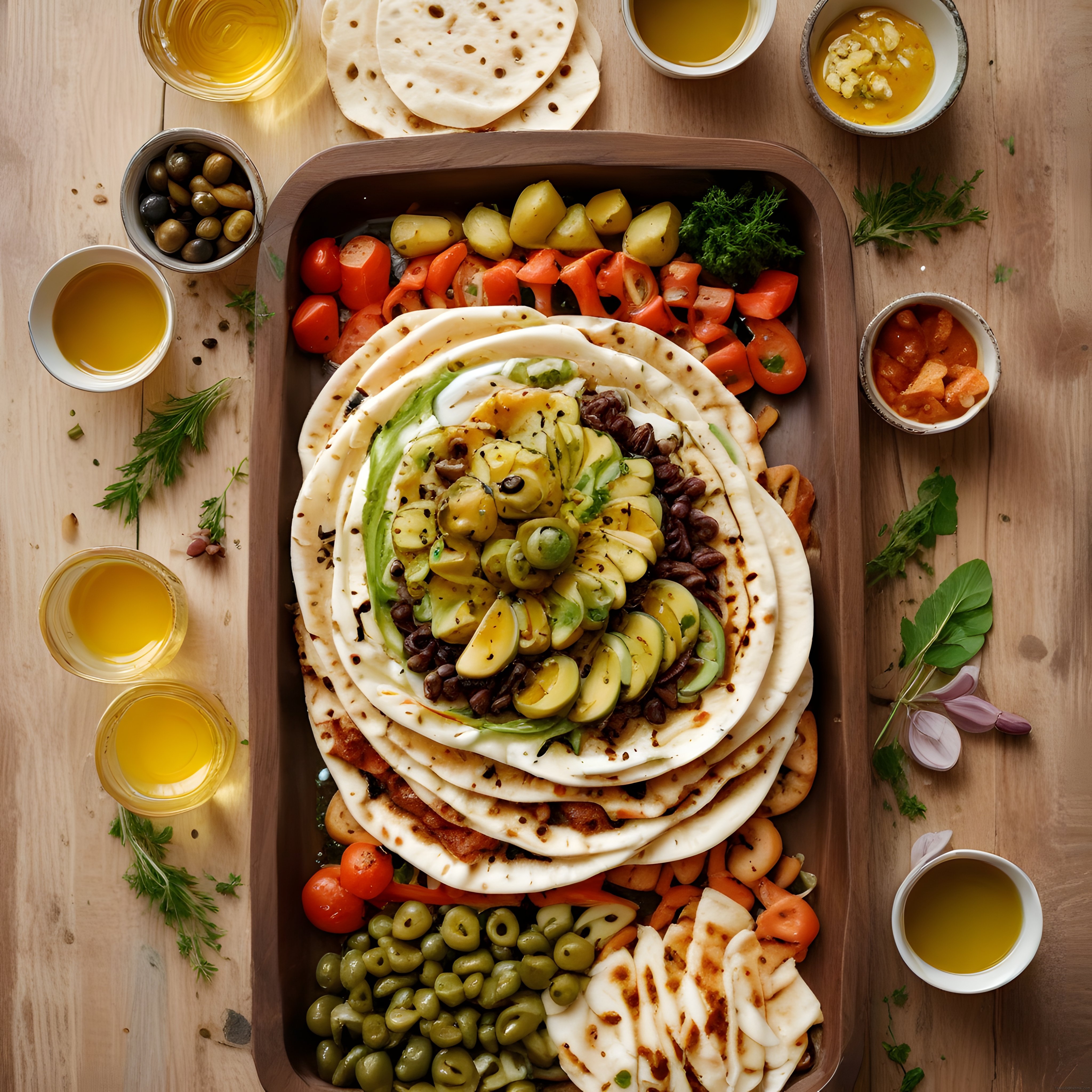 Ahşap Tepsi Üzerinde Nefis Kahvaltılık Sunum: Zeytin, Avokado ve Taze Sebzeler
