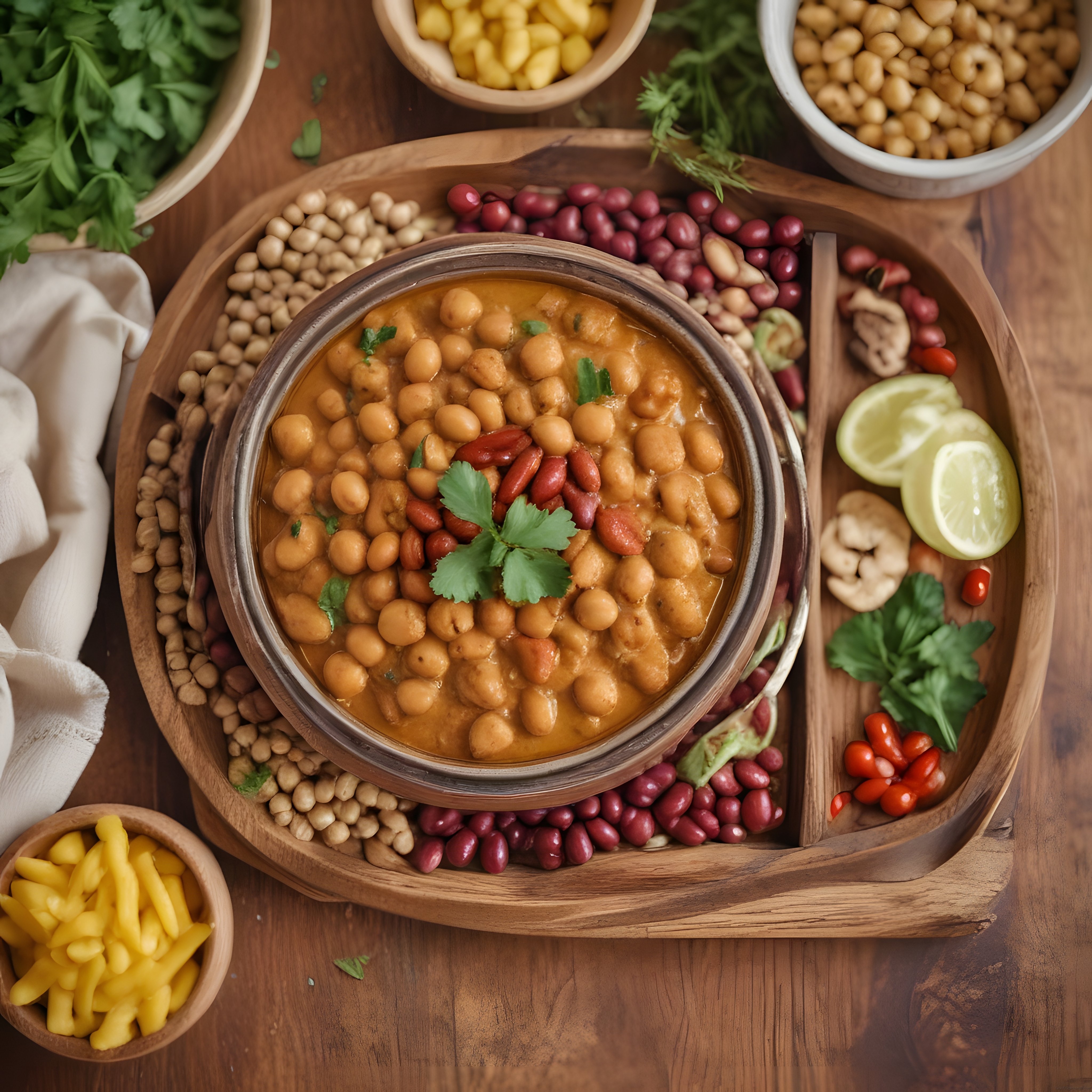 Ahşap tepsi üzerinde nohutlu fasulyeli vegan körili yemek ve taze malzemeler