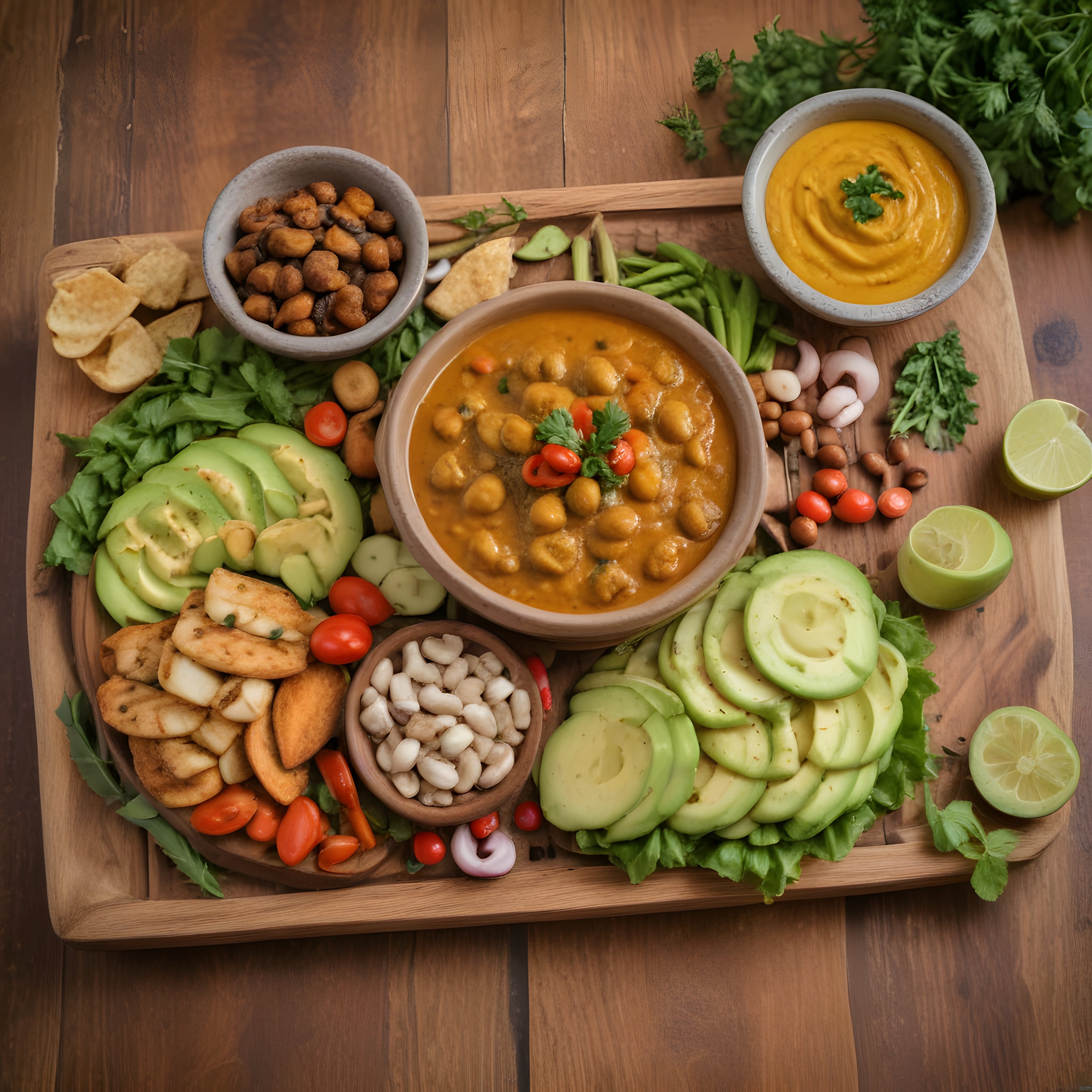 Ahşap Tepsi Üzerinde Nohutlu Vegan Meze ve Taze Sebze Sunumu