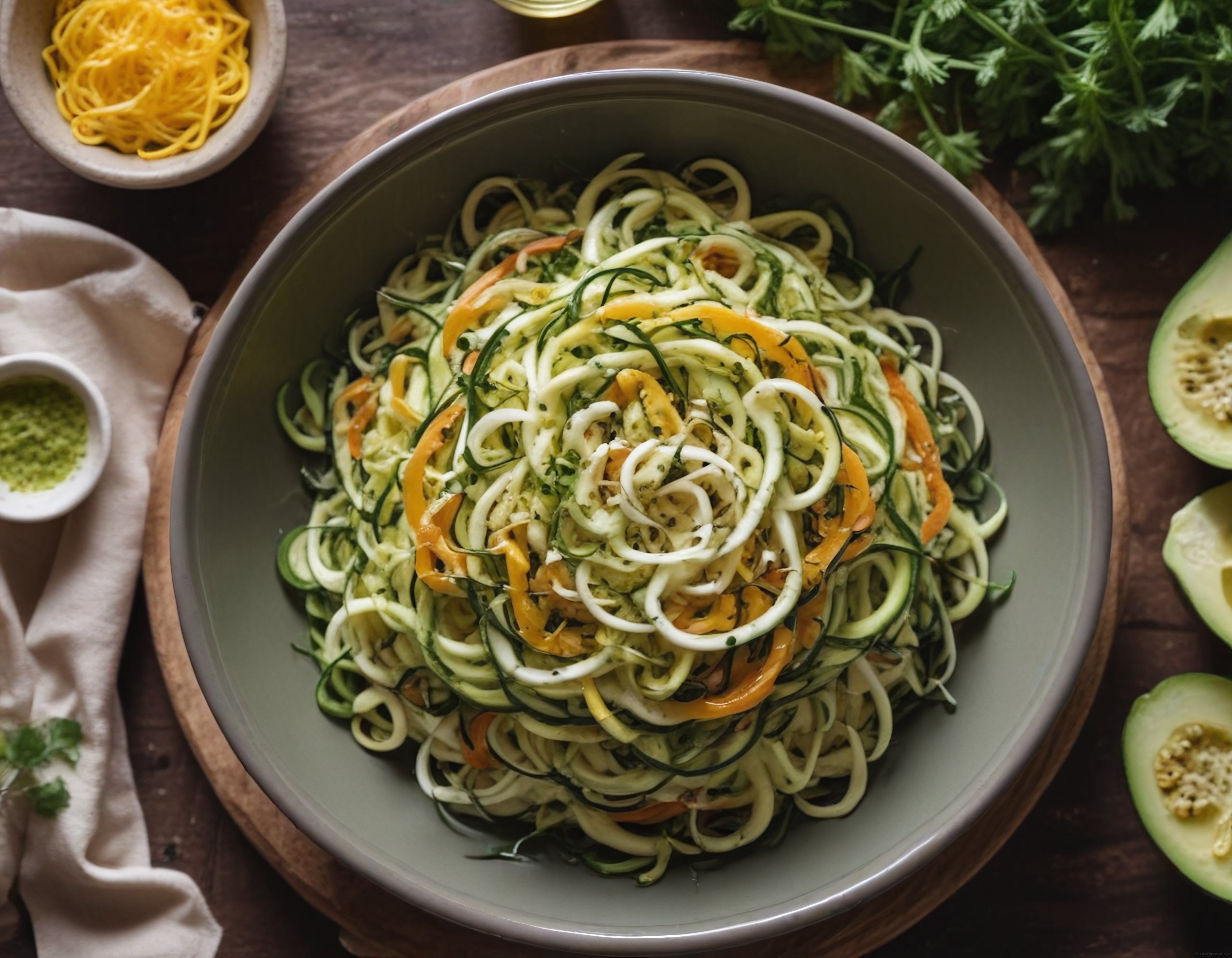 Ahşap Tepsi Üzerinde Pesto Soslu Kabak Makarna ve Taze Sebzeler