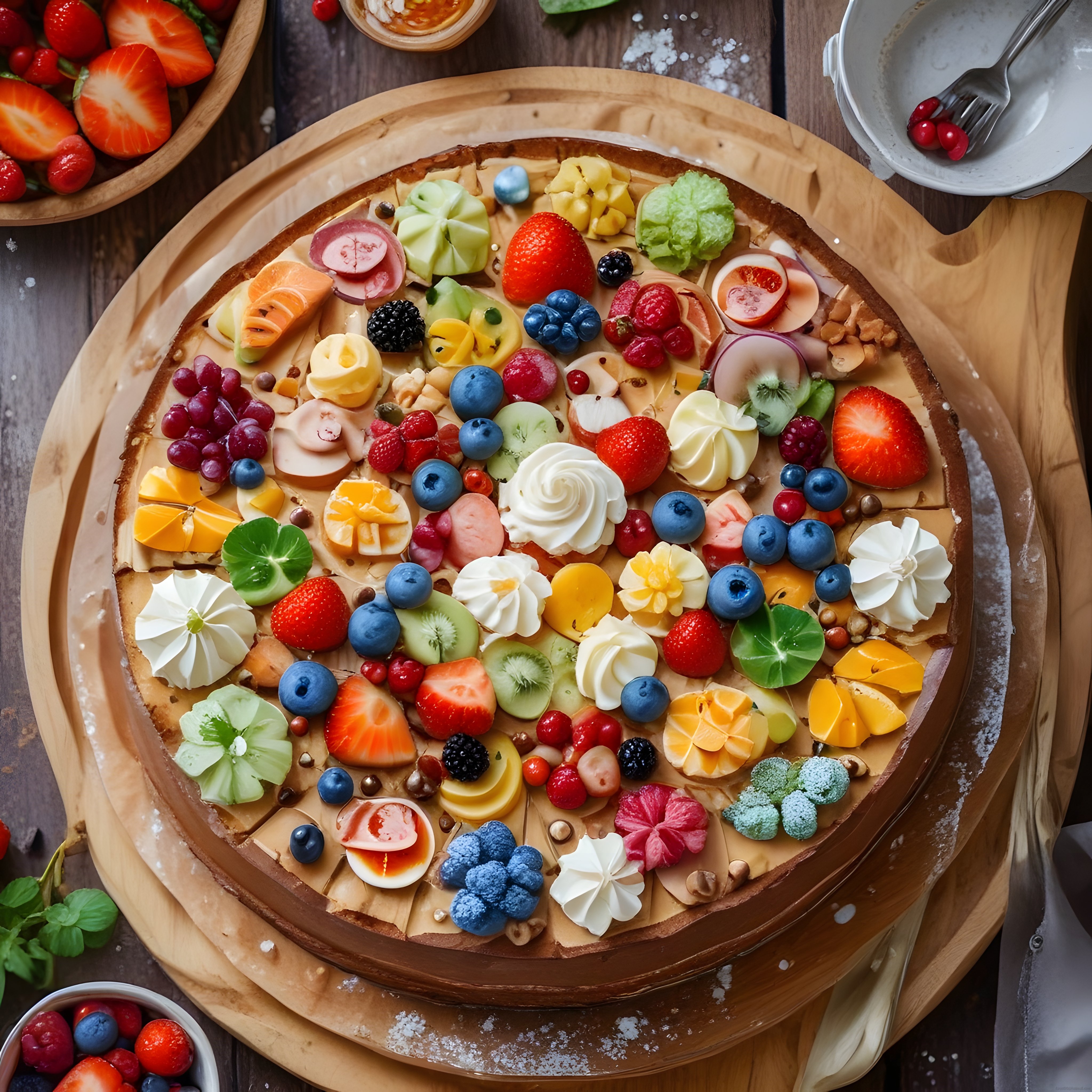 Ahşap tepsi üzerinde rengarenk meyve, krema ve atıştırmalık pizza sunumu