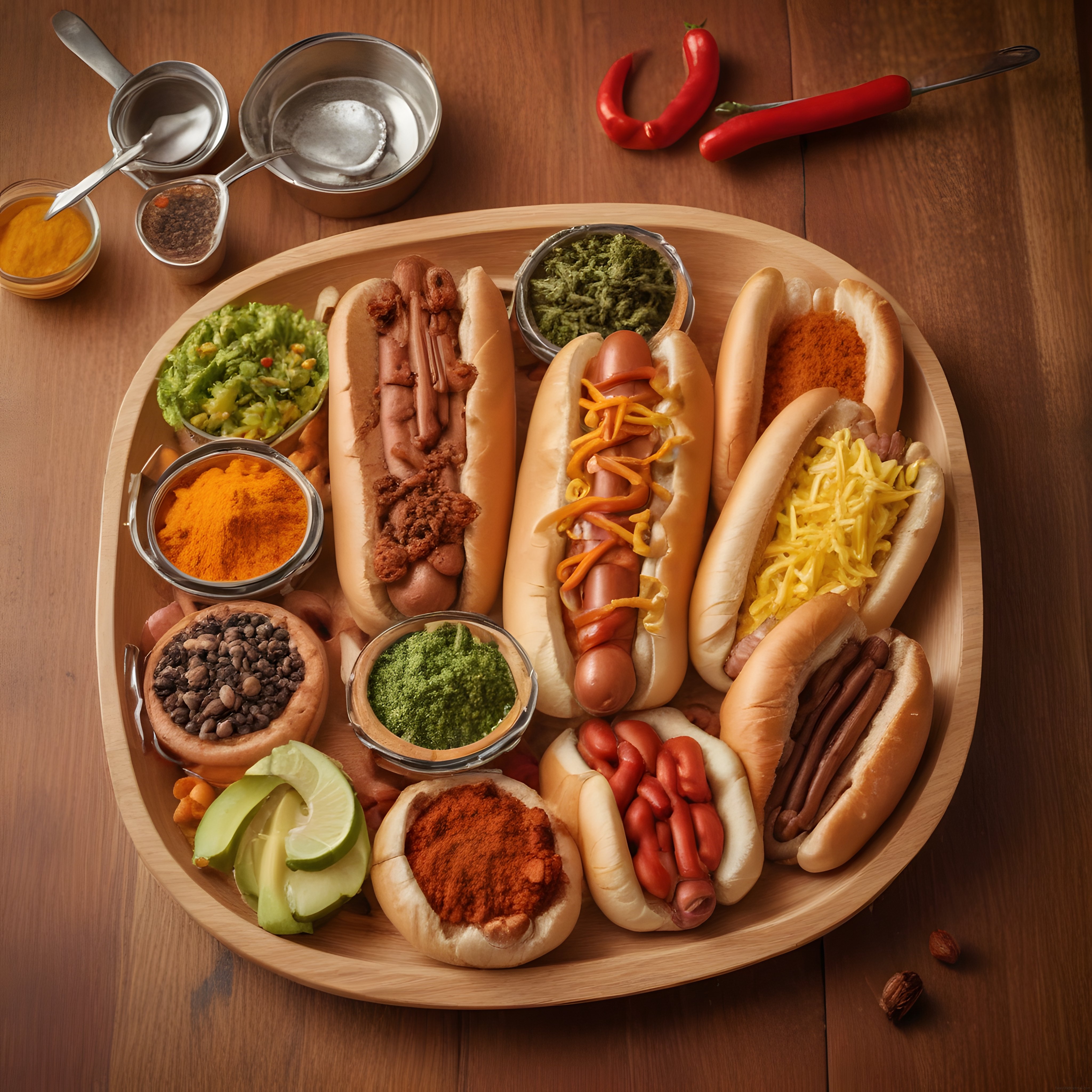 Ahşap tepsi üzerinde rengarenk soslarla süslenmiş farklı hot dog çeşitleri