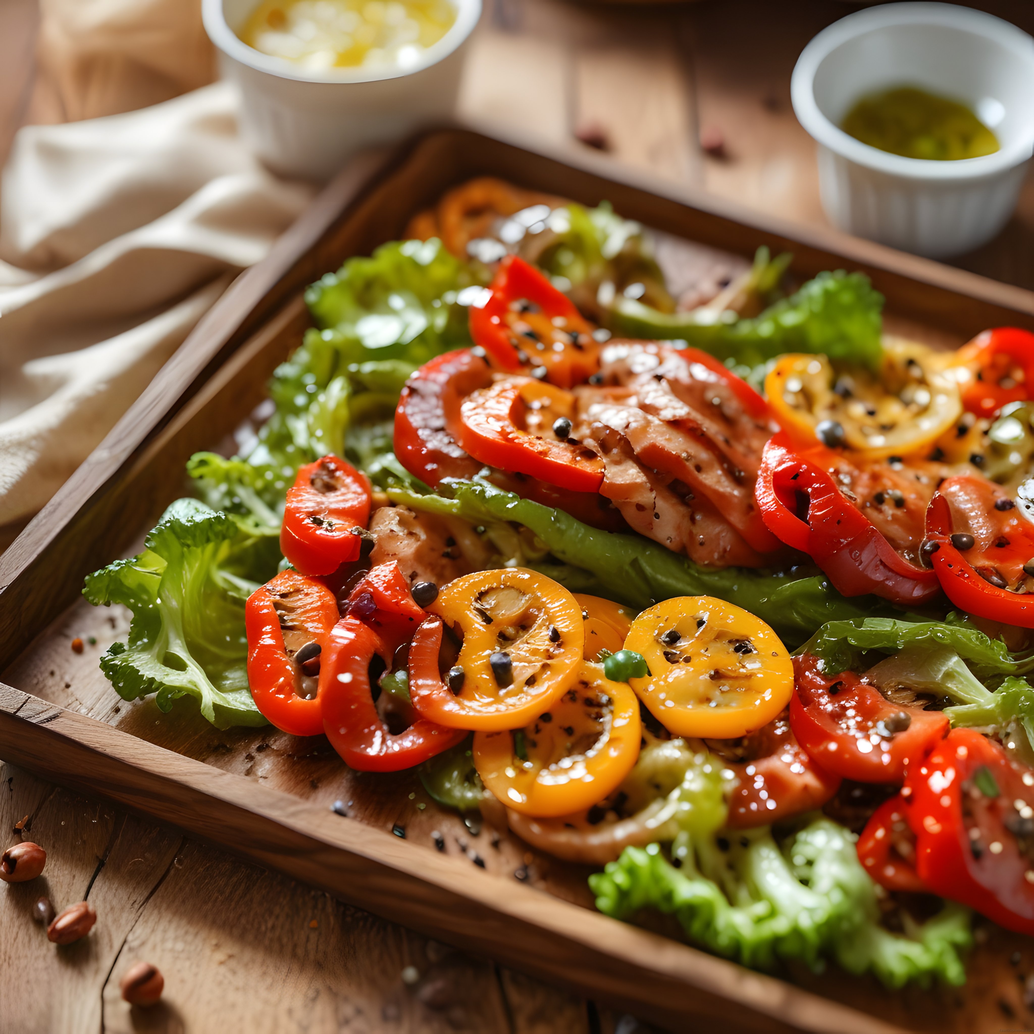 Ahşap Tepsi Üzerinde Renkli Biber ve Marul Salatası ile Sağlıklı Beslenme