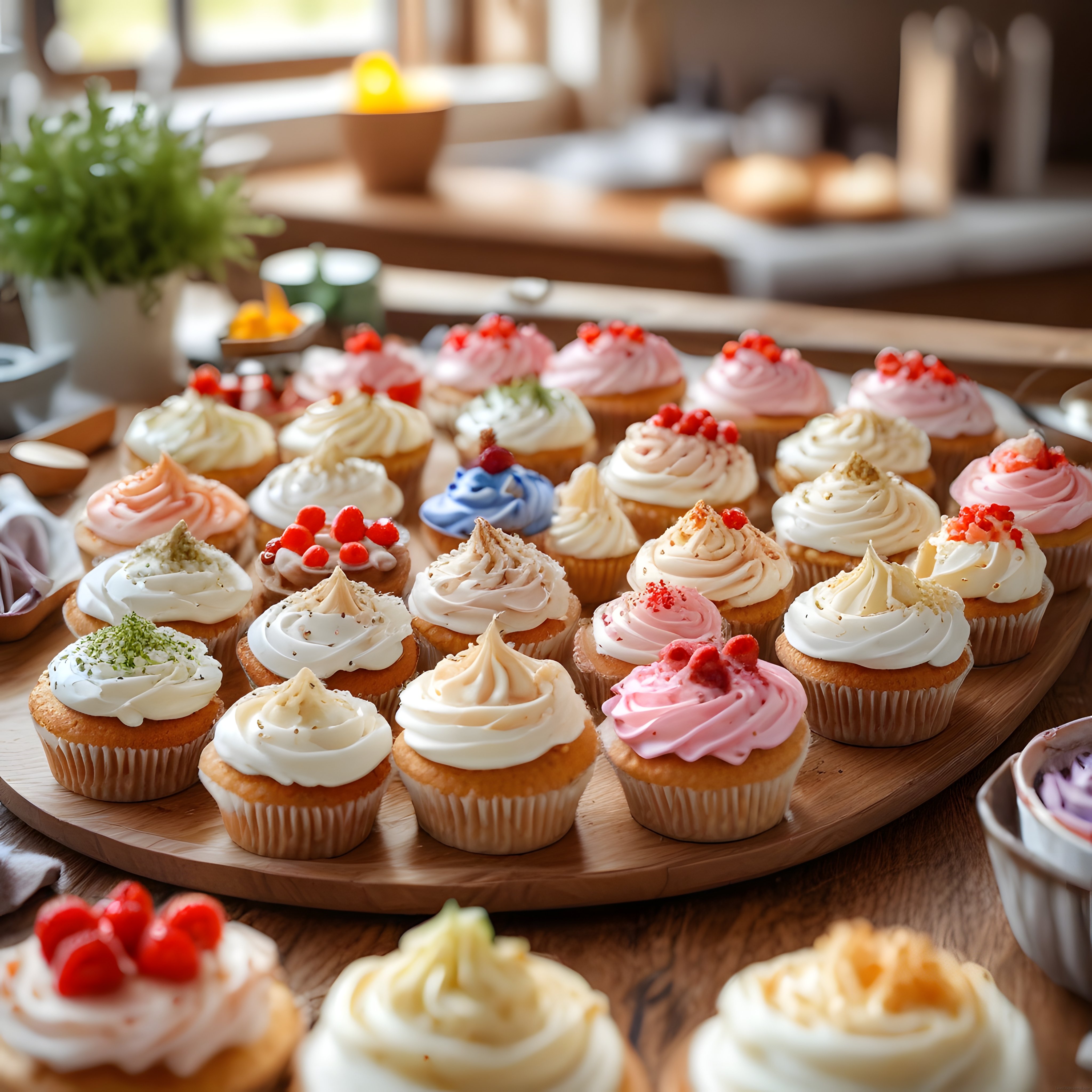 Ahşap Tepsi Üzerinde Renkli Ev Yapımı Kapkek ve Muffin Çeşitleri Sunumu