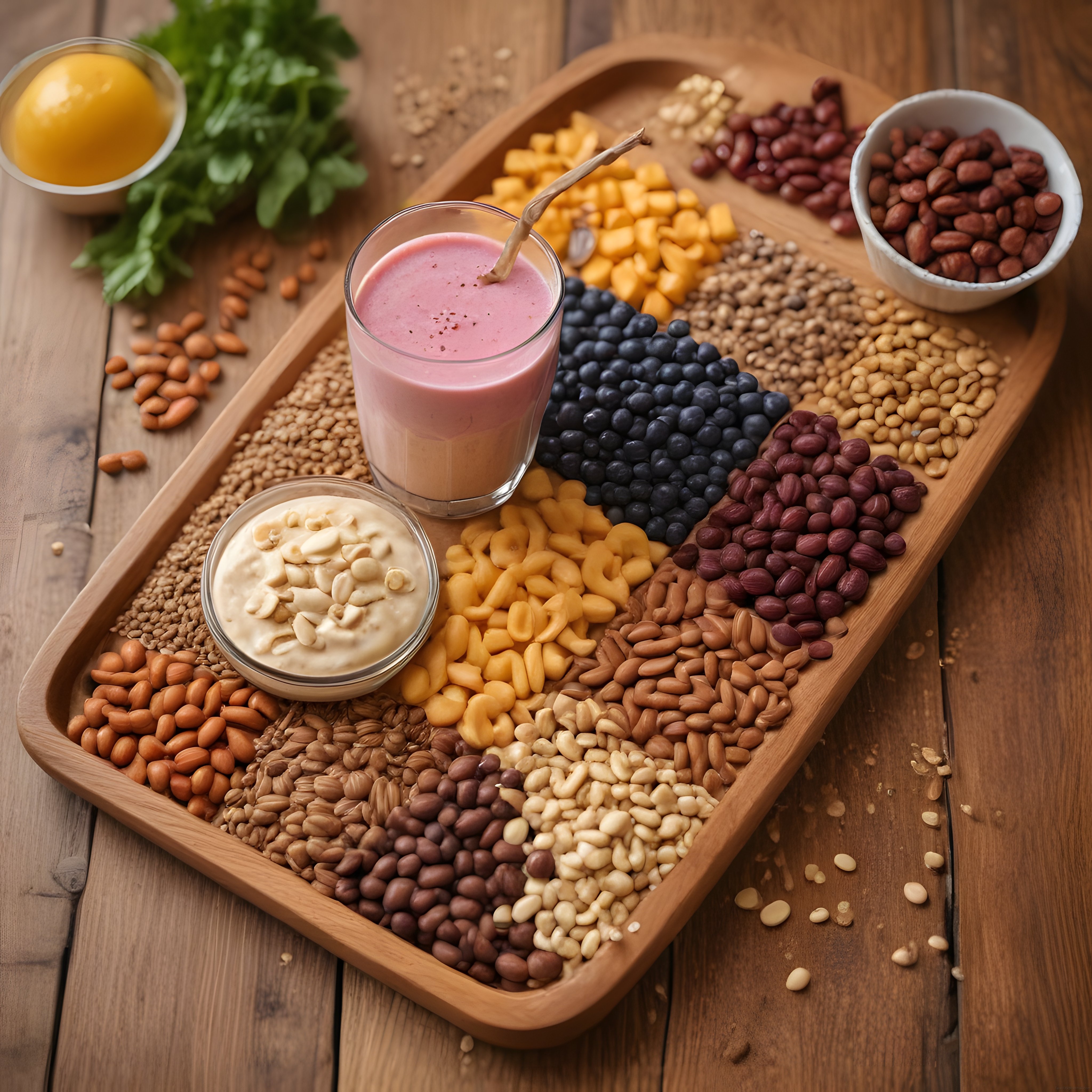 Ahşap Tepsi Üzerinde Renkli Kahvaltı: Smoothie, Yoğurt ve Kuruyemişler