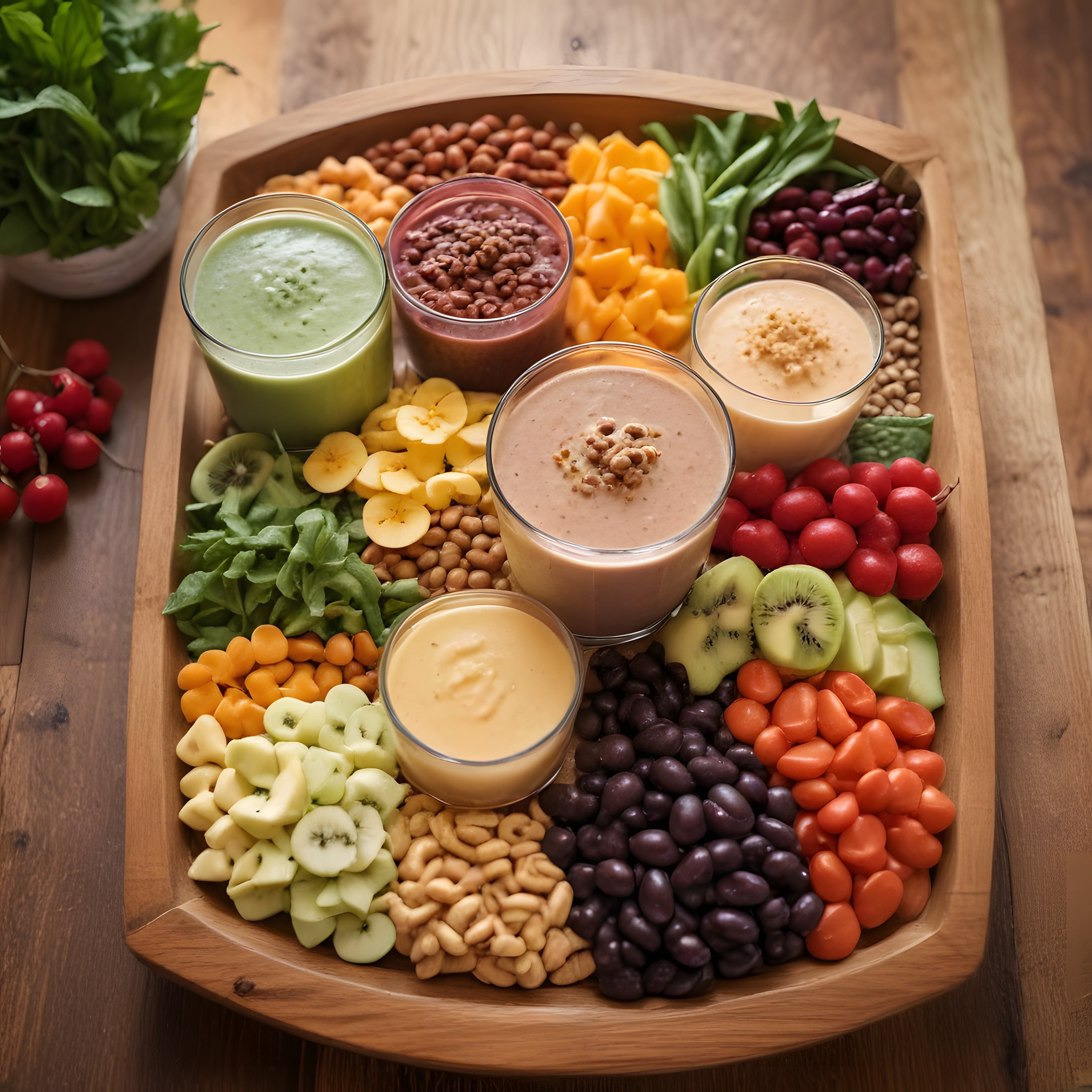 Ahşap Tepsi Üzerinde Renkli Meyve Sebze ve Smoothie Sunumu