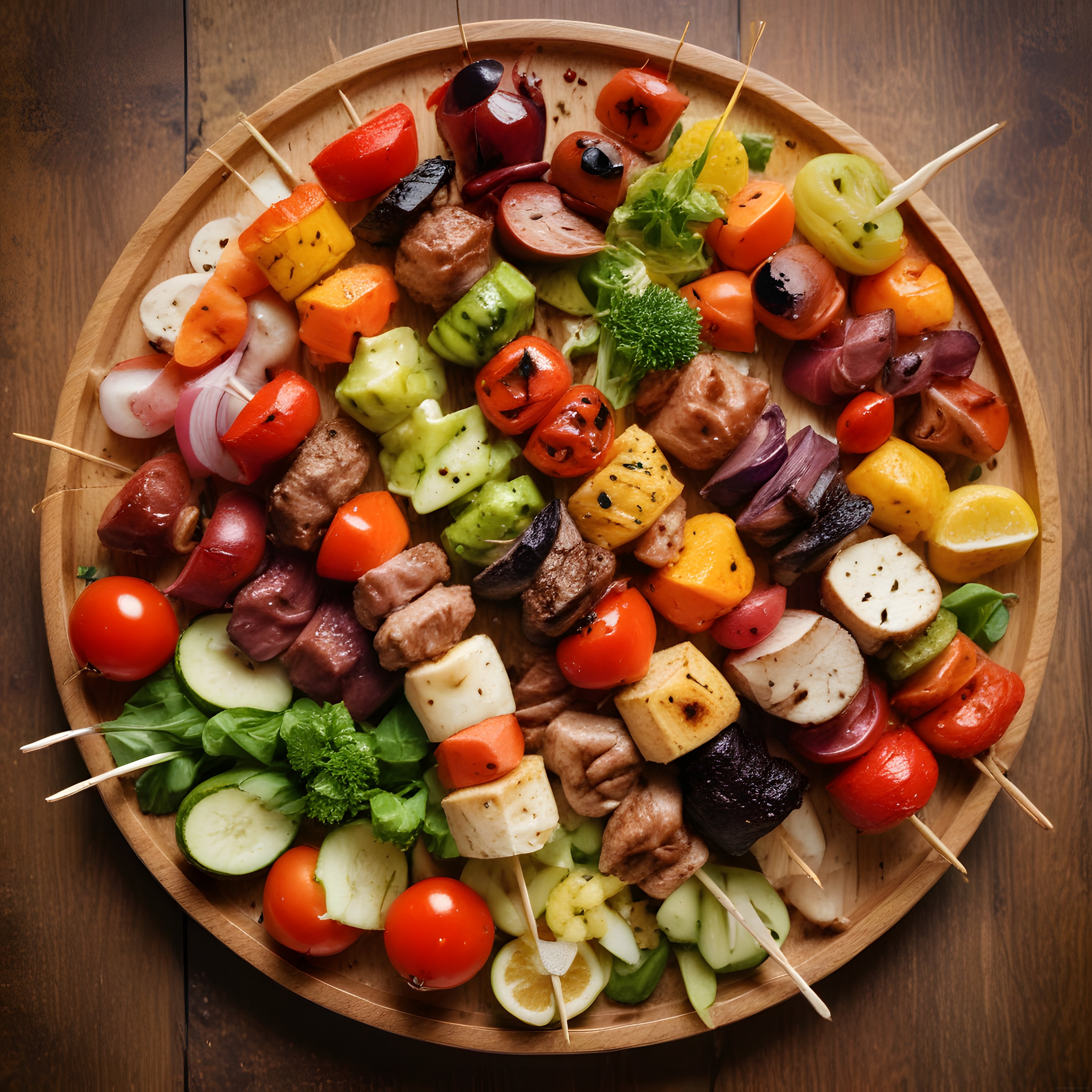 Ahşap Tepsi Üzerinde Renkli Sebzeli ve Etli Izgara Şiş Kebap Sunumu