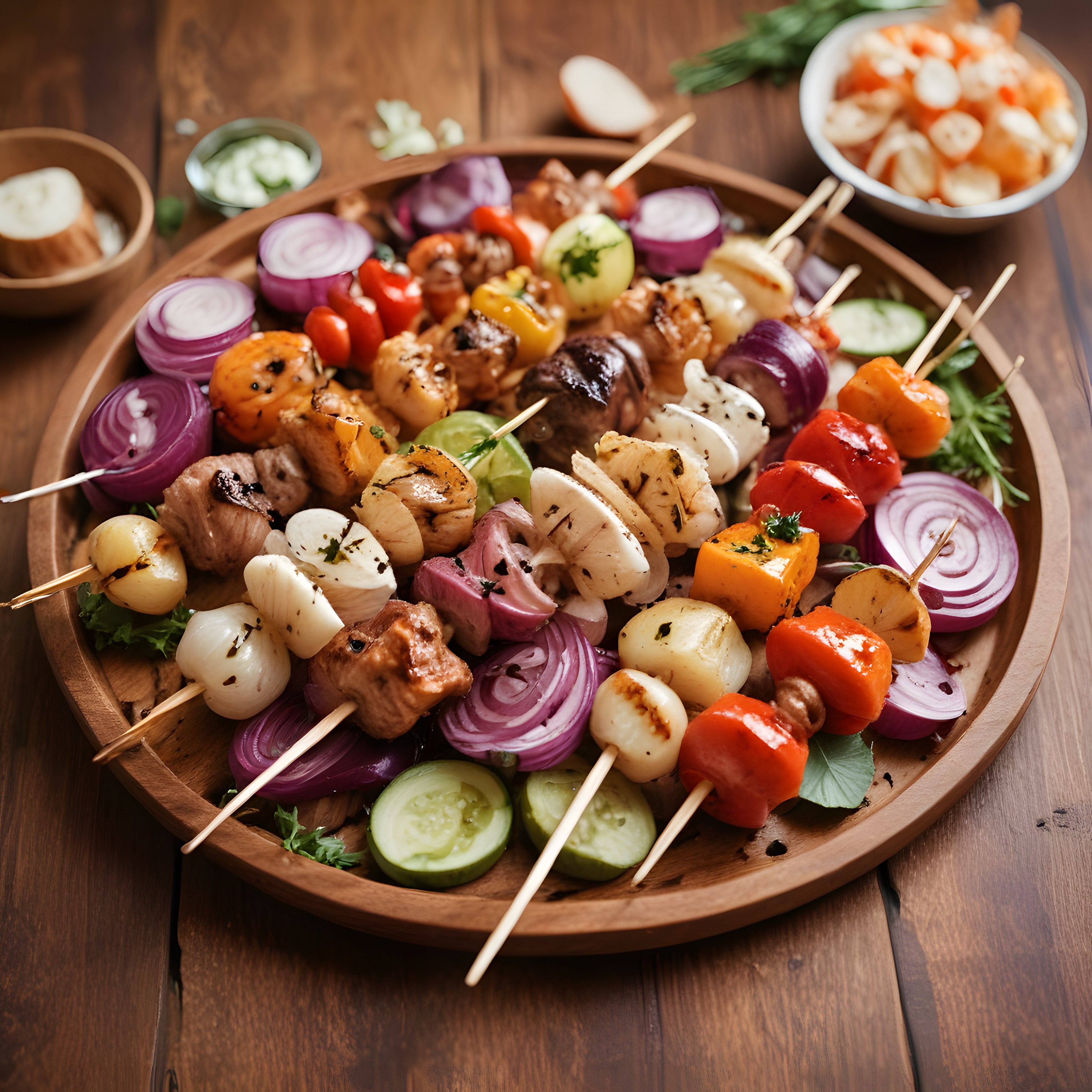 Ahşap tepsi üzerinde renkli sebzeli ve etli ızgara şiş kebap sunumu