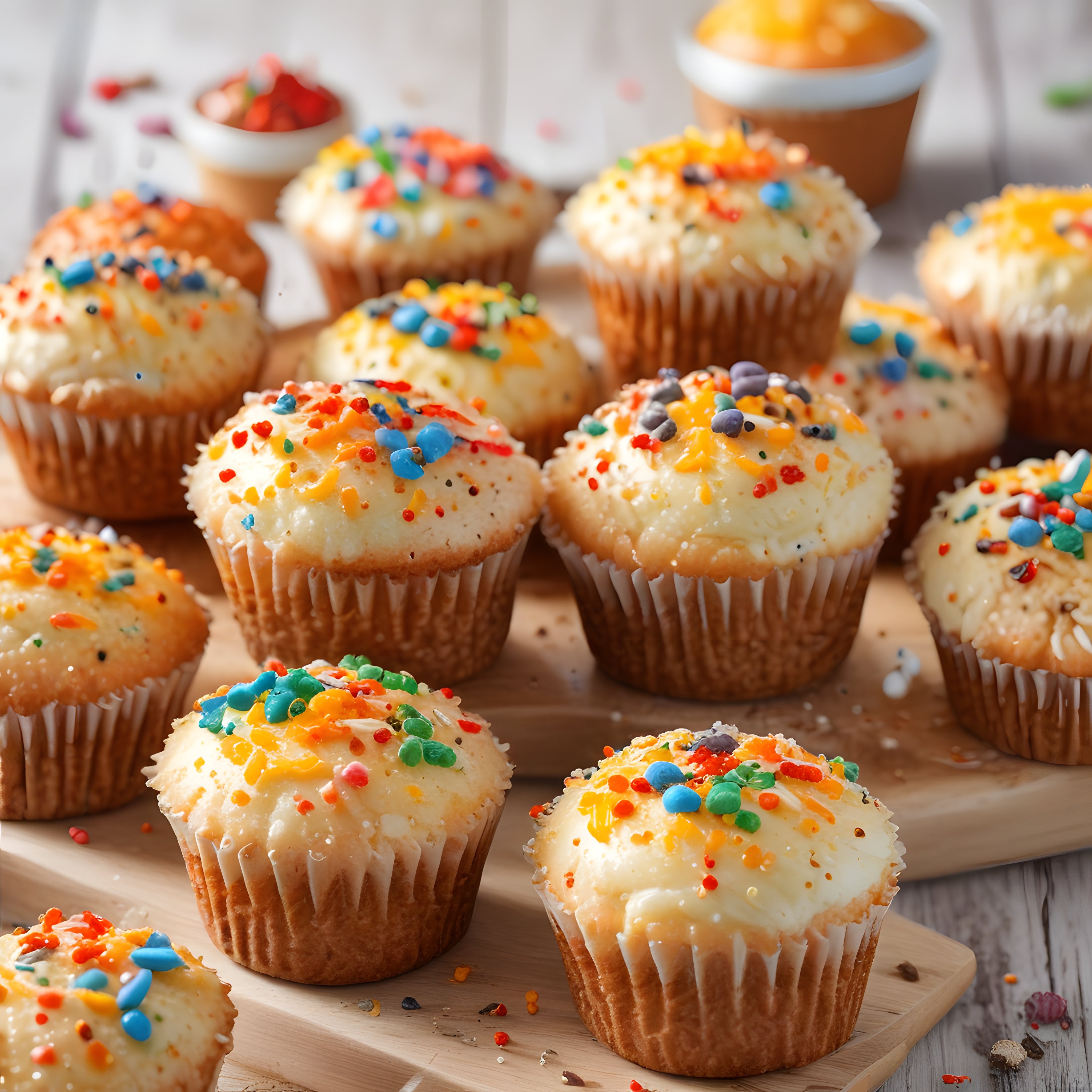 Ahşap Tepsi Üzerinde Renkli Şekerlemelerle Süslenmiş Neşeli Cupcake'ler