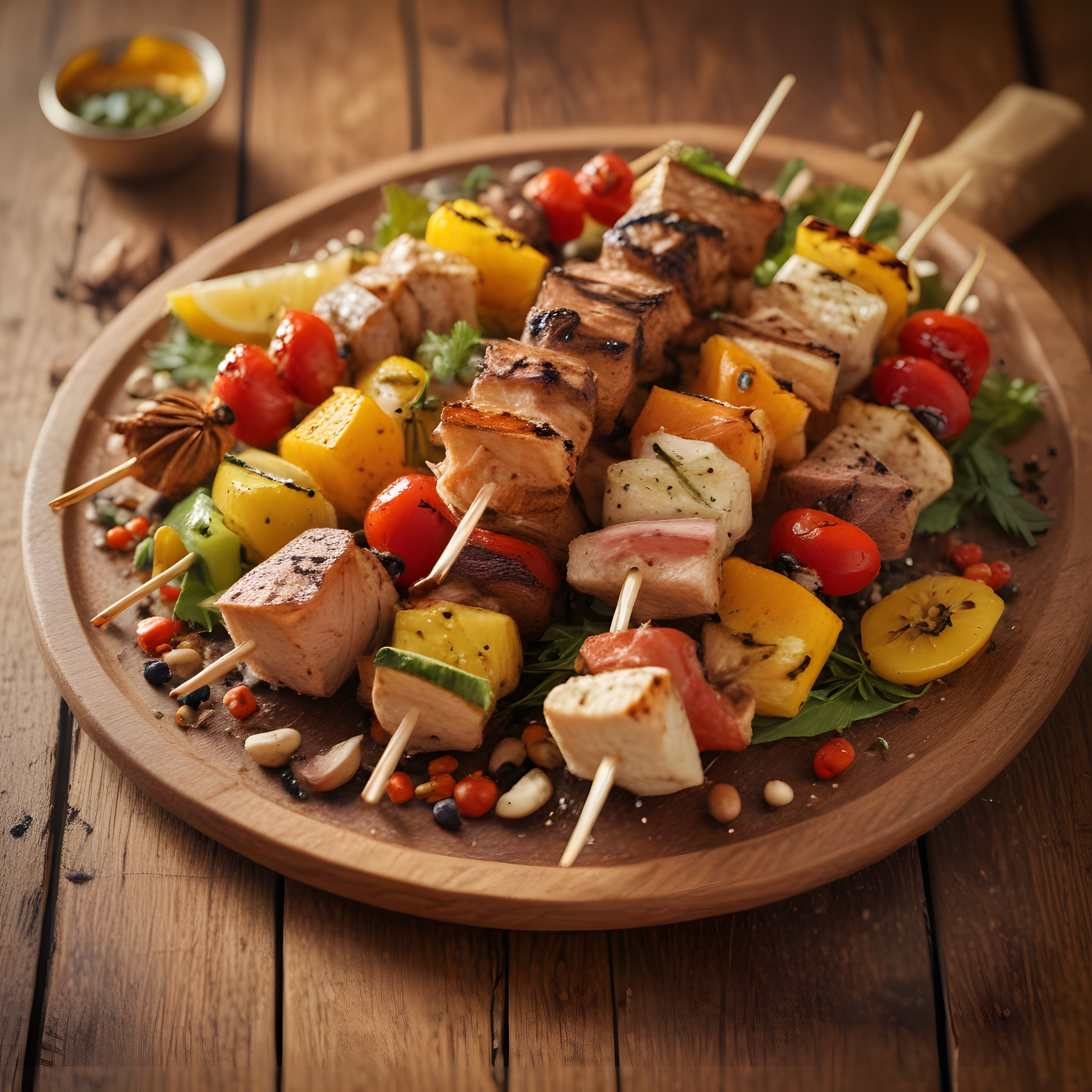 Ahşap tepsi üzerinde renkli şiş kebap ve ızgara sebzelerin enfes sunumu