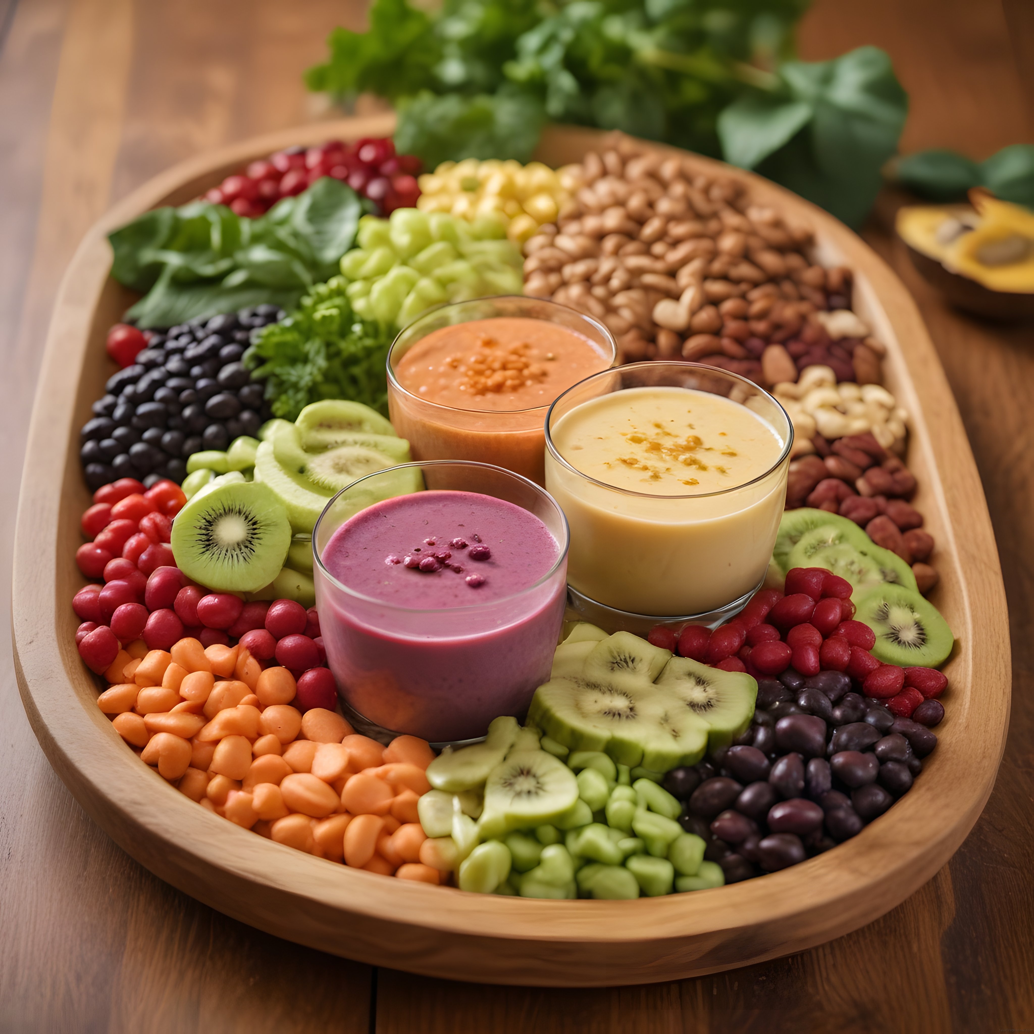 Ahşap Tepsi Üzerinde Renkli Smoothie ve Meyve Atıştırmalık Sunumu