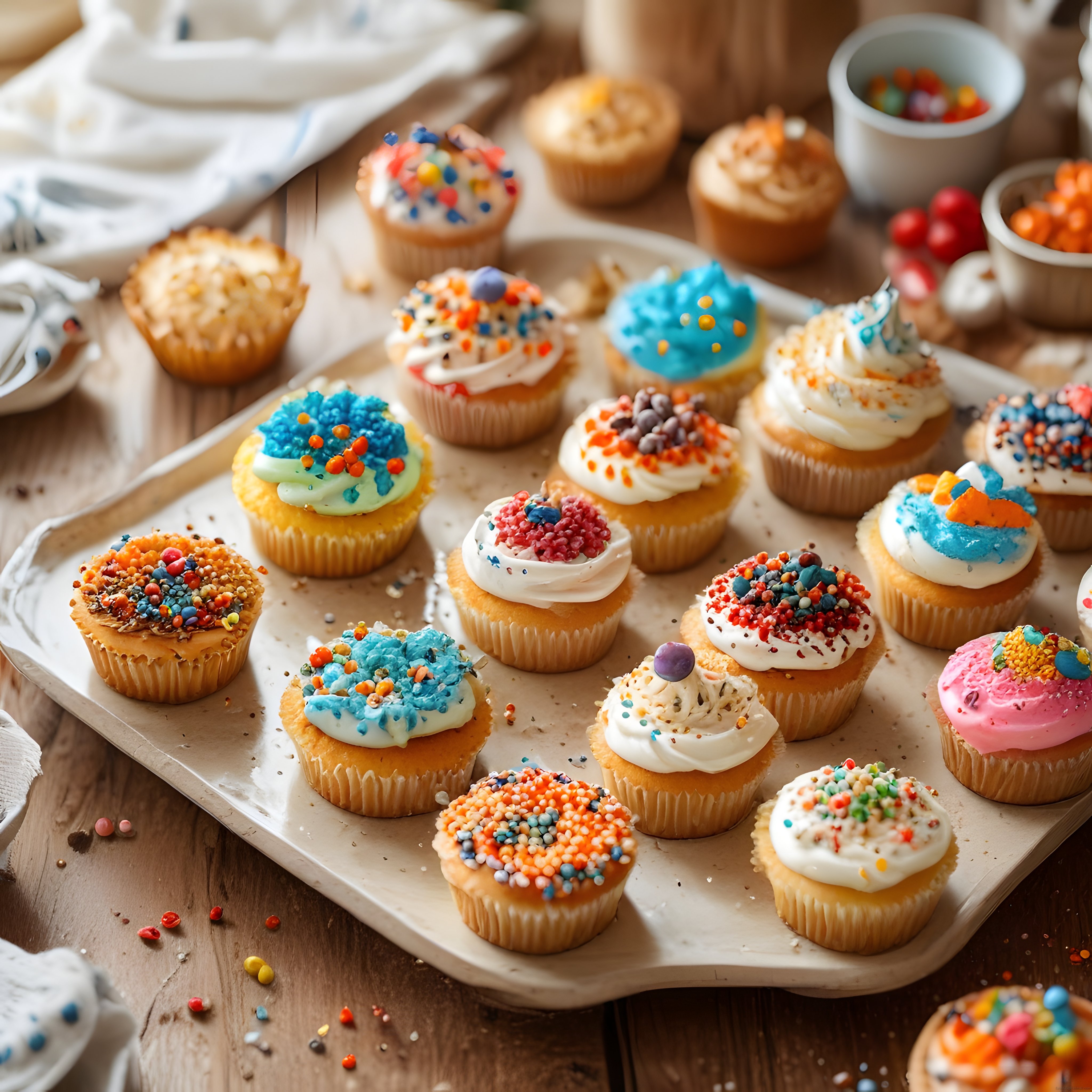 Ahşap Tepsi Üzerinde Renkli Süslü Cupcake'ler ve Sıcak Mutfak Detayları