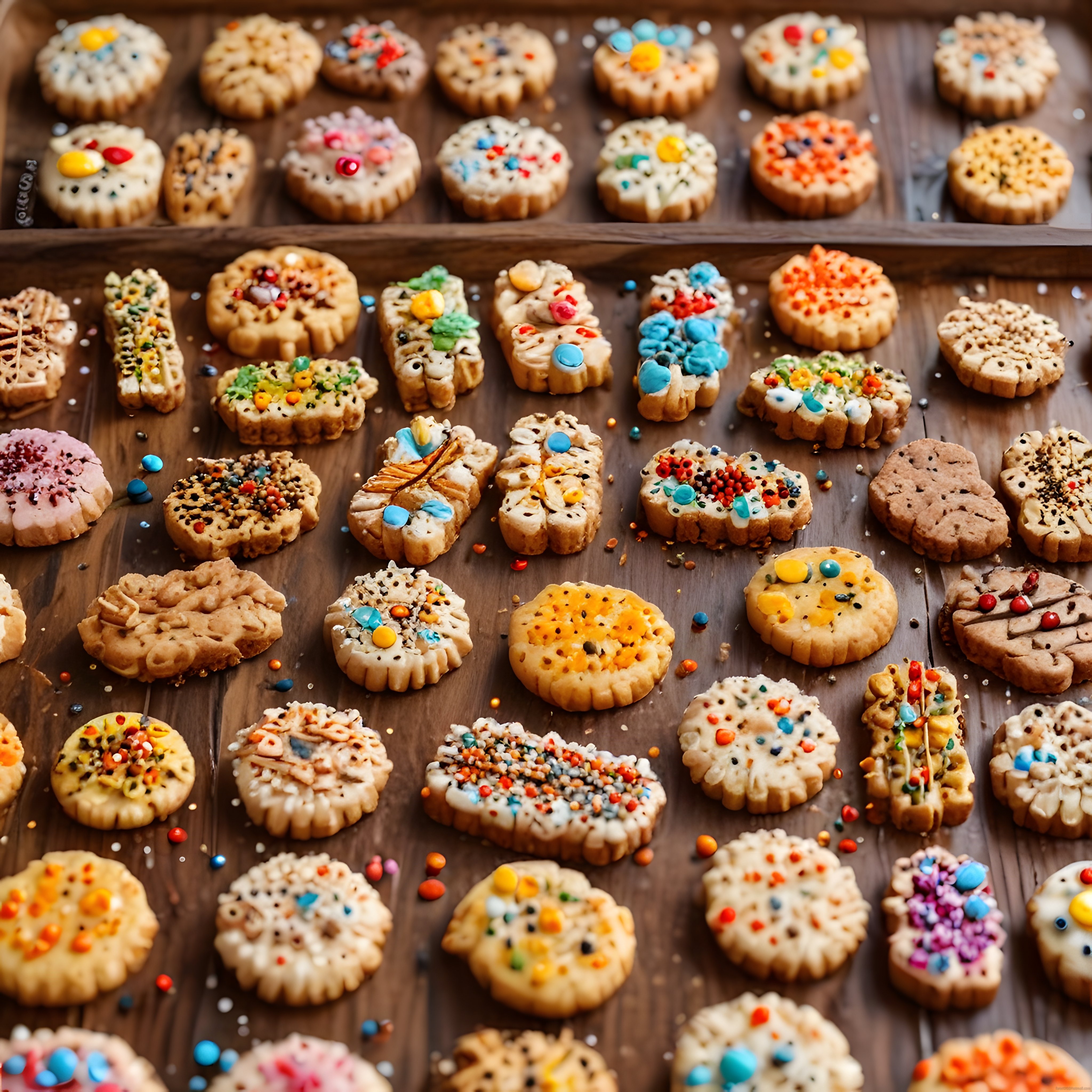Ahşap tepsi üzerinde renkli süslü ve boncuklu el yapımı kurabiye çeşitleri