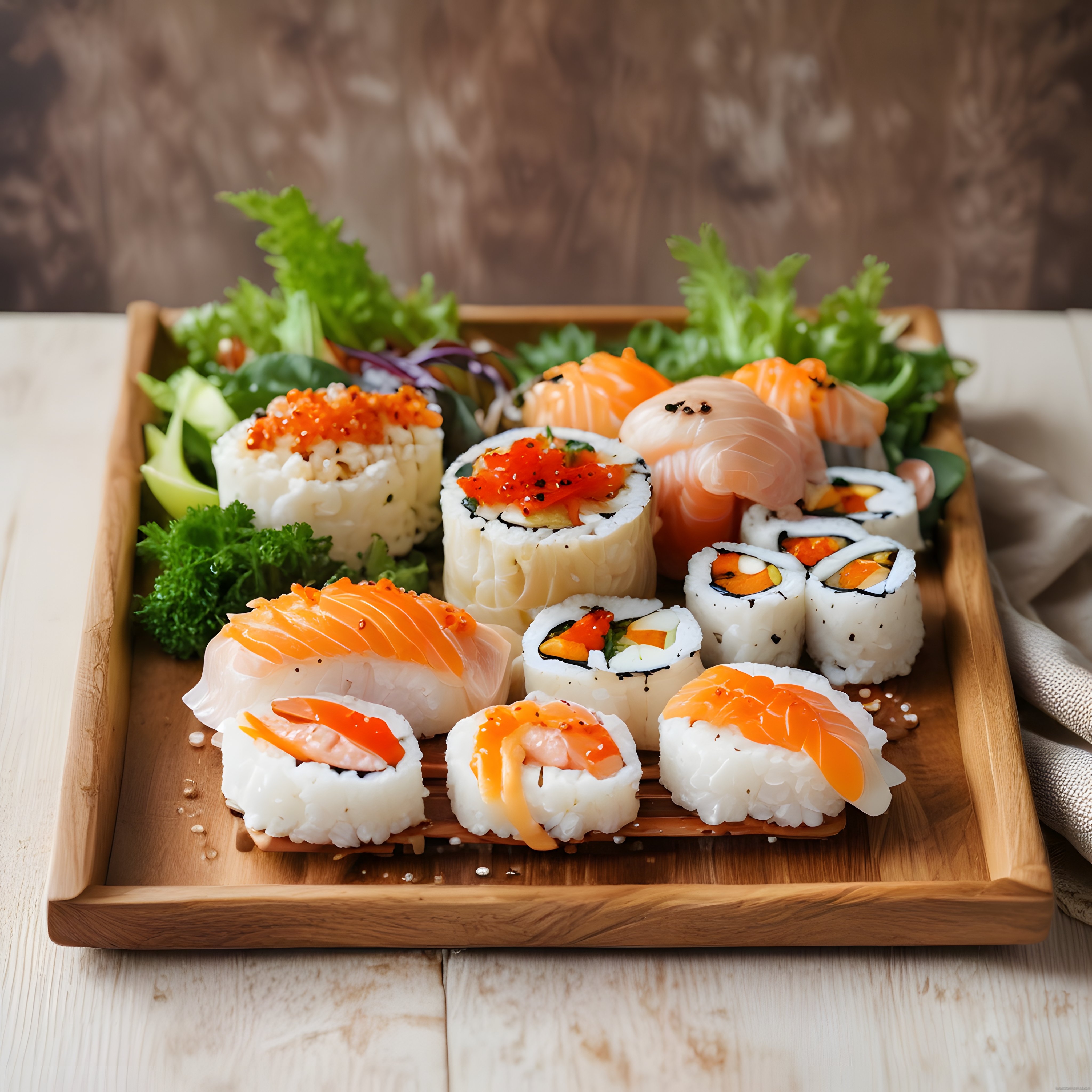 Ahşap Tepsi Üzerinde Renkli ve Lezzetli Sushi Çeşitleri Sunumu