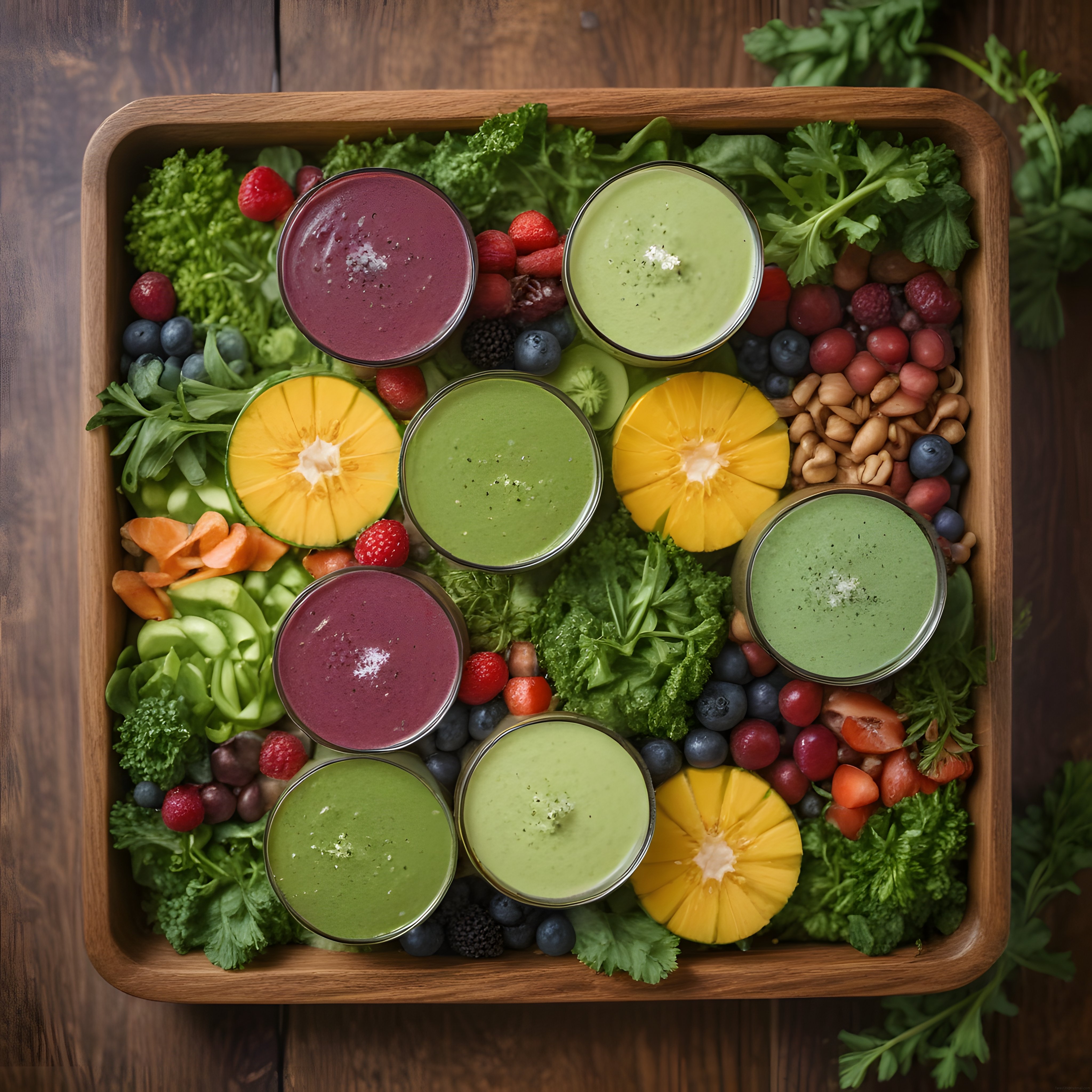Ahşap Tepsi Üzerinde Renkli Vegan Smoothie ve Taze Meyve Sebze Sunumu