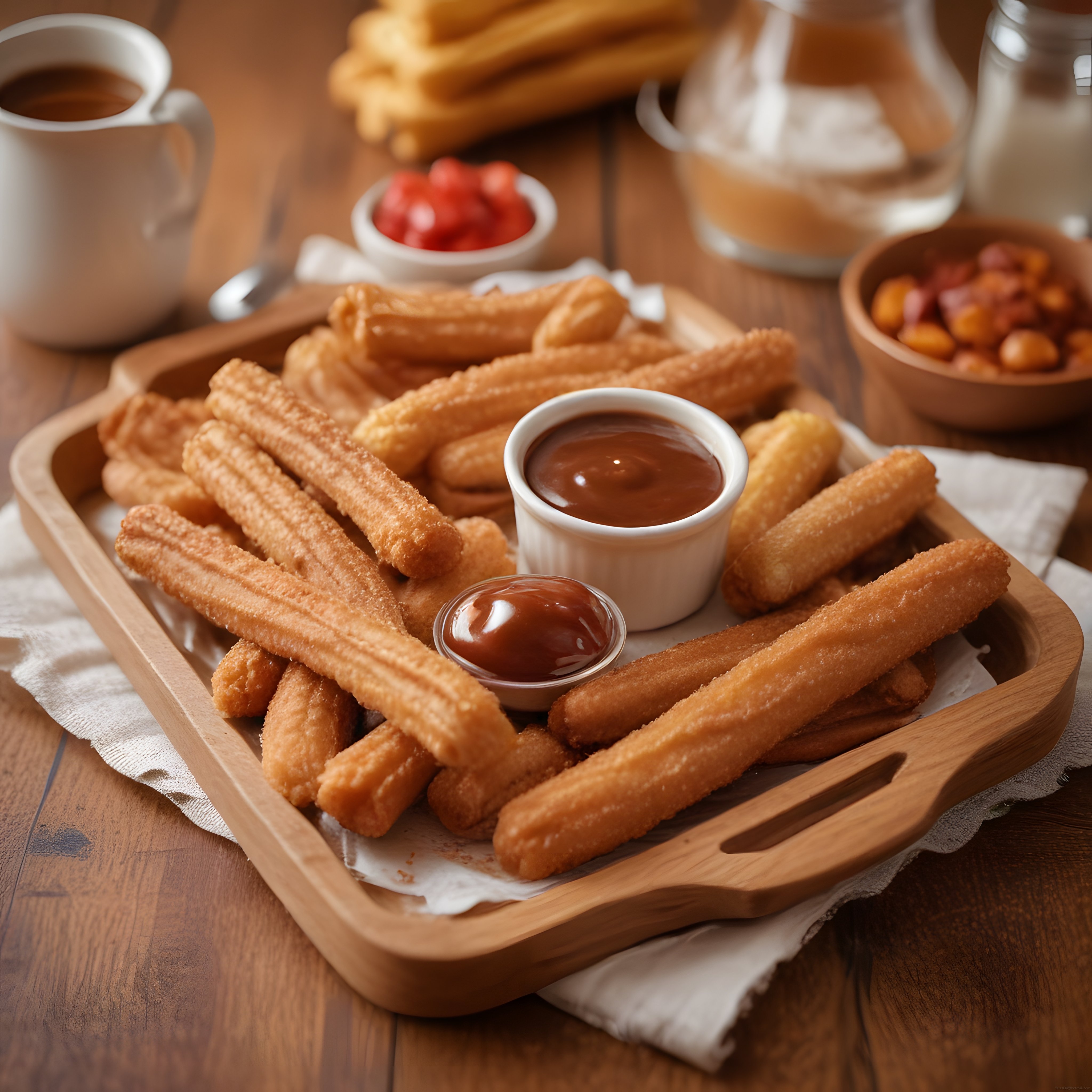 ahşap tepsi üzerinde sıcak churros, çikolata sosu ve taze çilek ile sunum