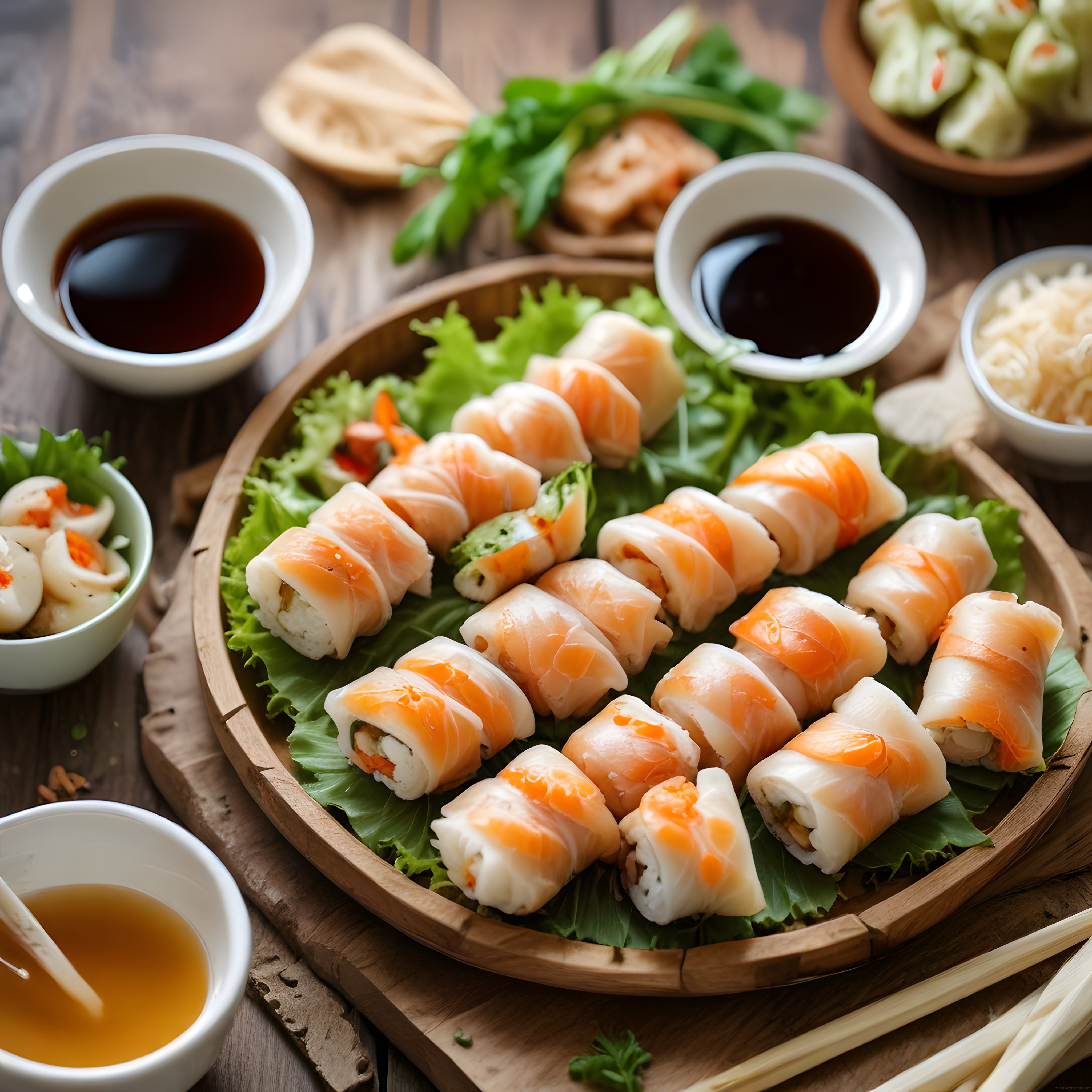 Ahşap tepsi üzerinde somon kaplı sushi ruloları ve geleneksel Japon sos çeşitleri