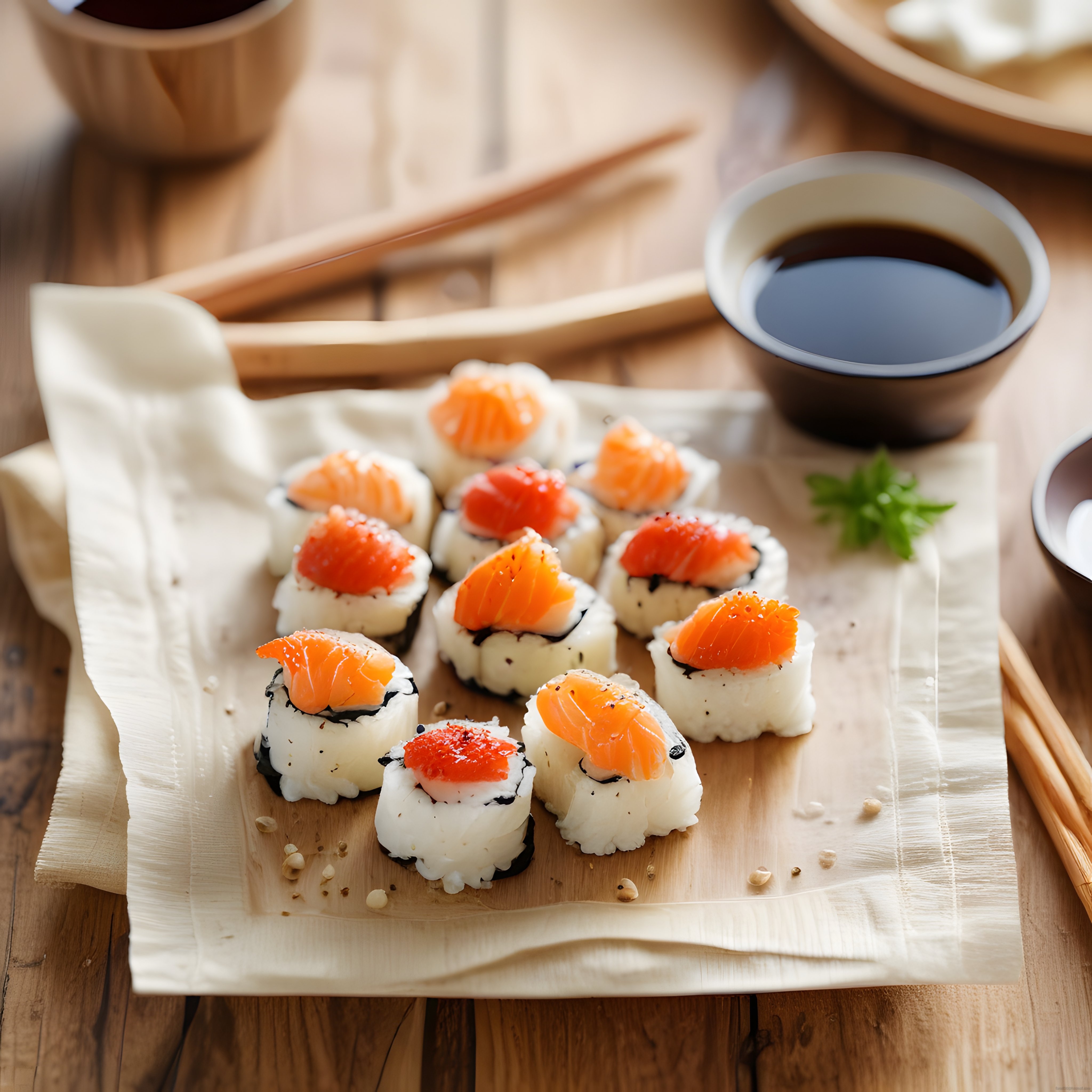 Ahşap Tepsi Üzerinde Somonlu Maki Sushi ve Soya Sosu ile Japon Lezzeti