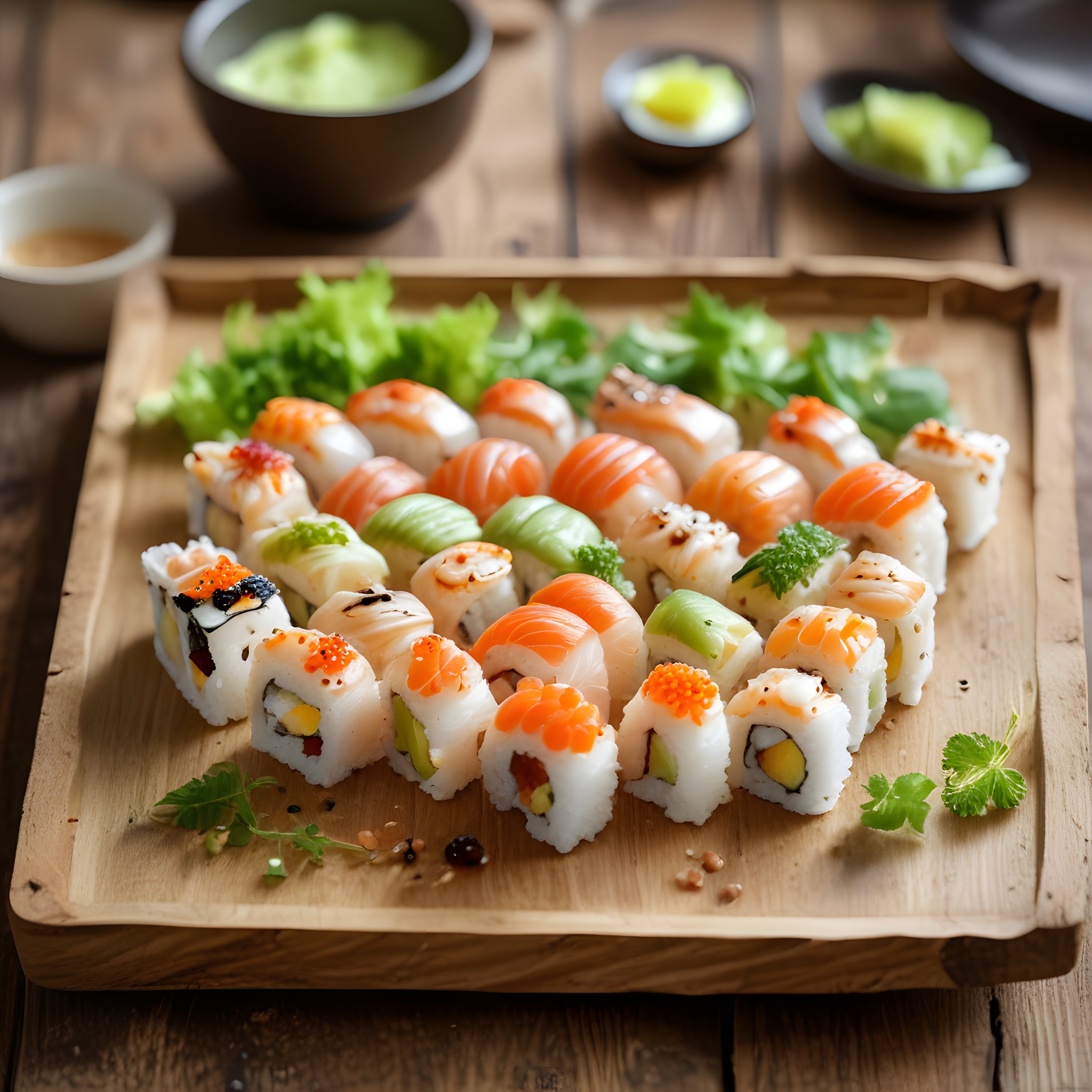 Ahşap Tepsi Üzerinde Somonlu ve Avokadolu Geleneksel Sushi Çeşitleri