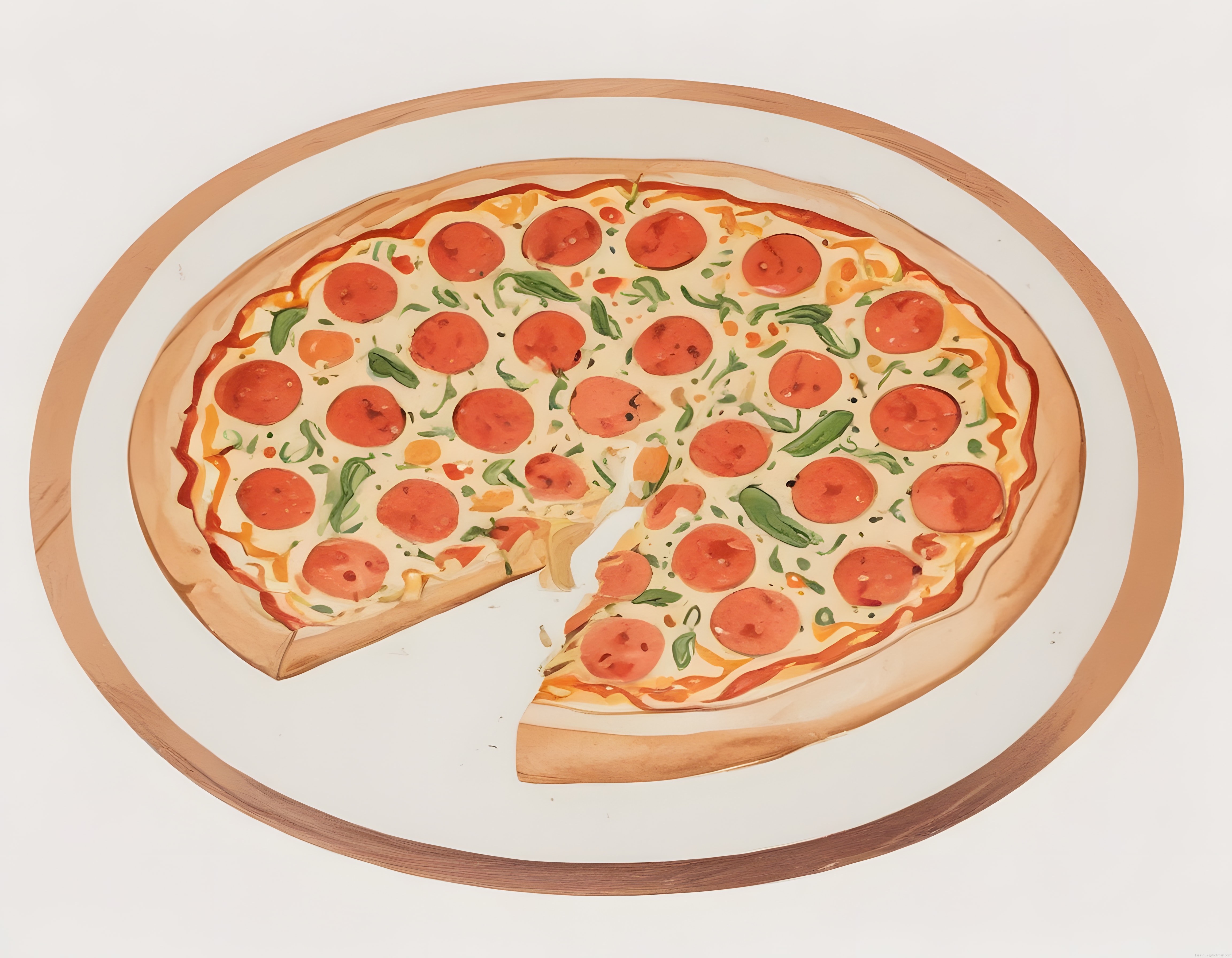 Ahşap tepsi üzerinde suluboya pepperoni pizza çizimi ve yemek illüstrasyonu