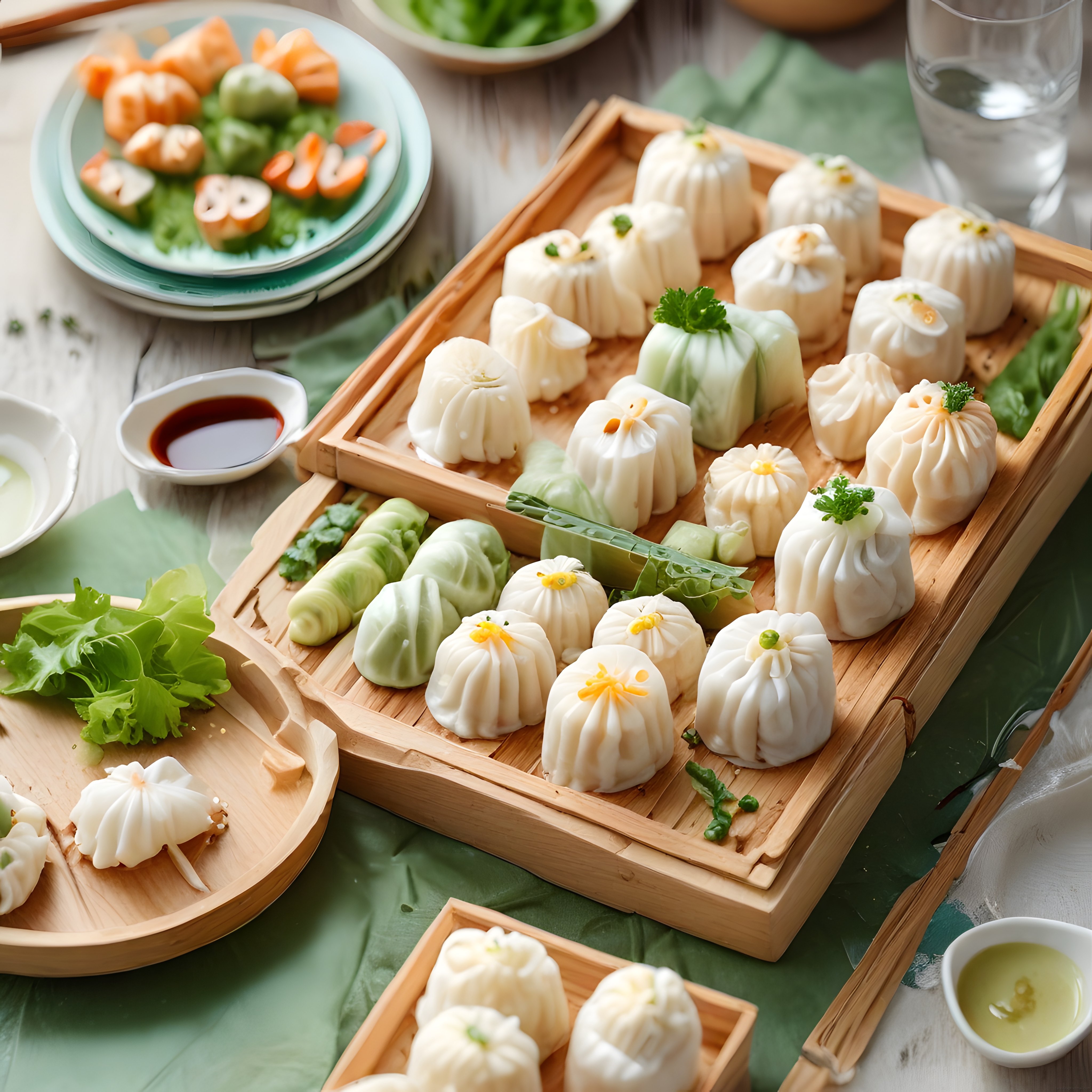 Ahşap Tepsi Üzerinde Sunulan Geleneksel Çin Mantıları ve Dim Sum Lezzetleri