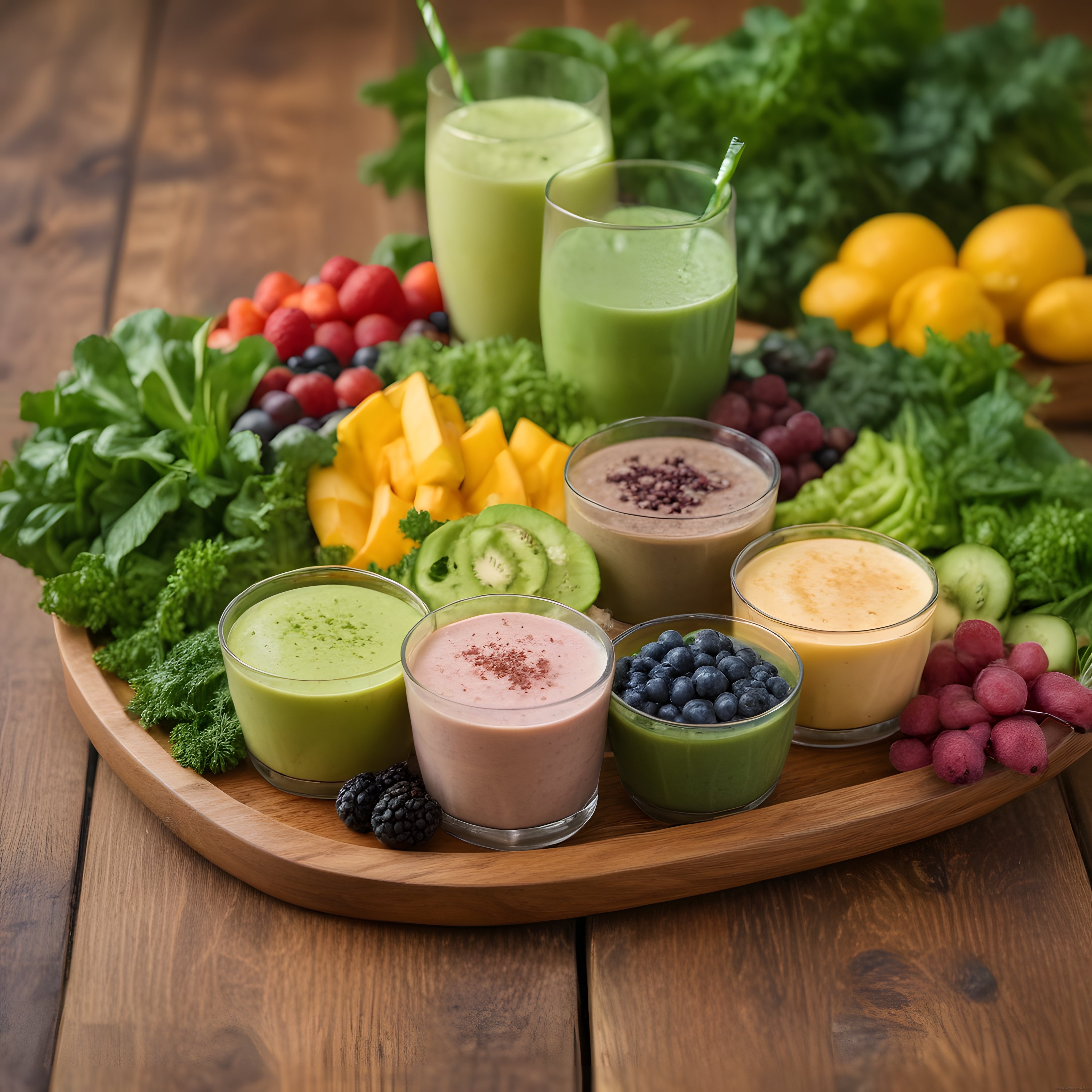 Ahşap Tepsi Üzerinde Sunulan Renkli Smoothie Çeşitleri ve Taze Meyveler