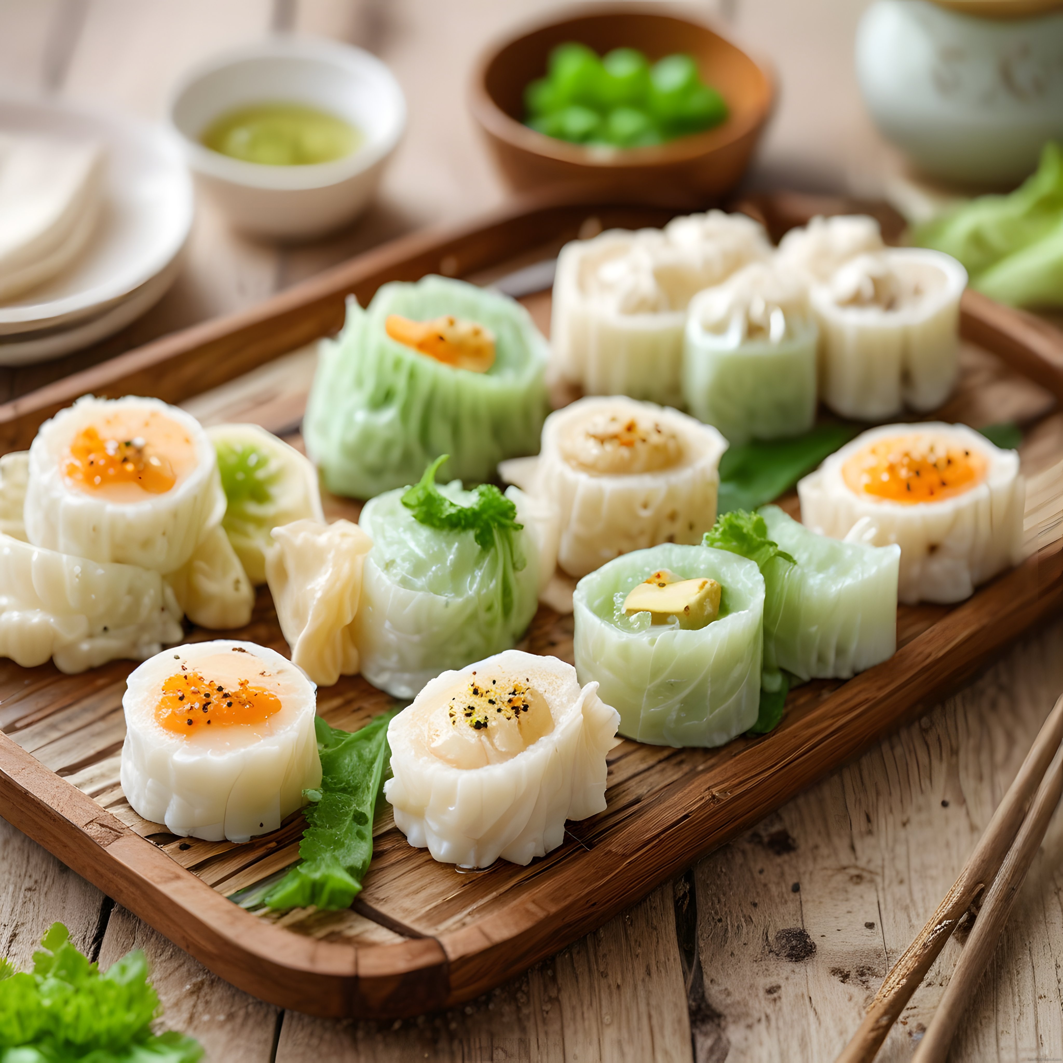 Ahşap Tepsi Üzerinde Sunulan Renkli Sushi Çeşitleri ve Japon Lezzetleri