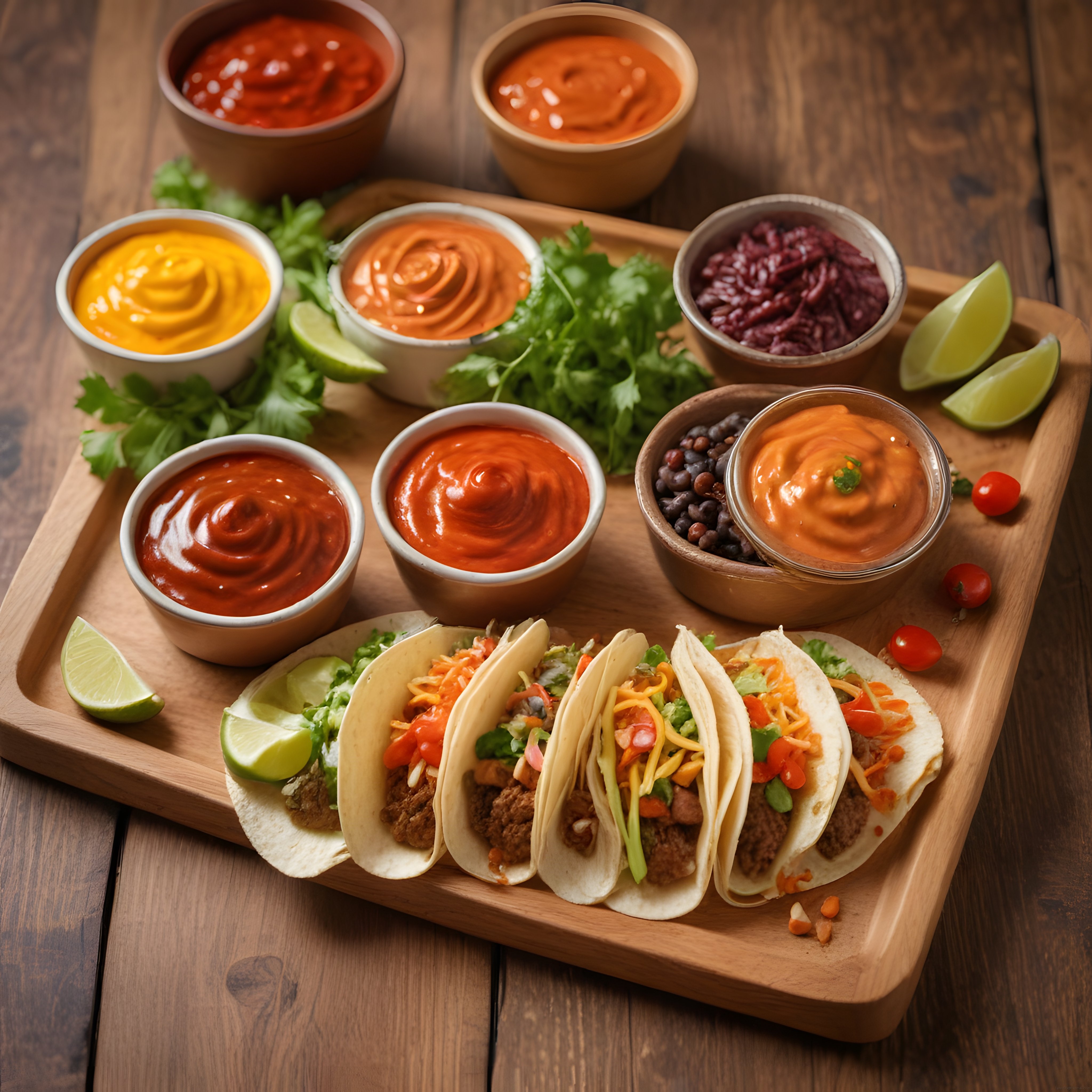 Ahşap Tepsi Üzerinde Tacos ve Çeşitli Meksika Sosları ile Lezzet Şöleni
