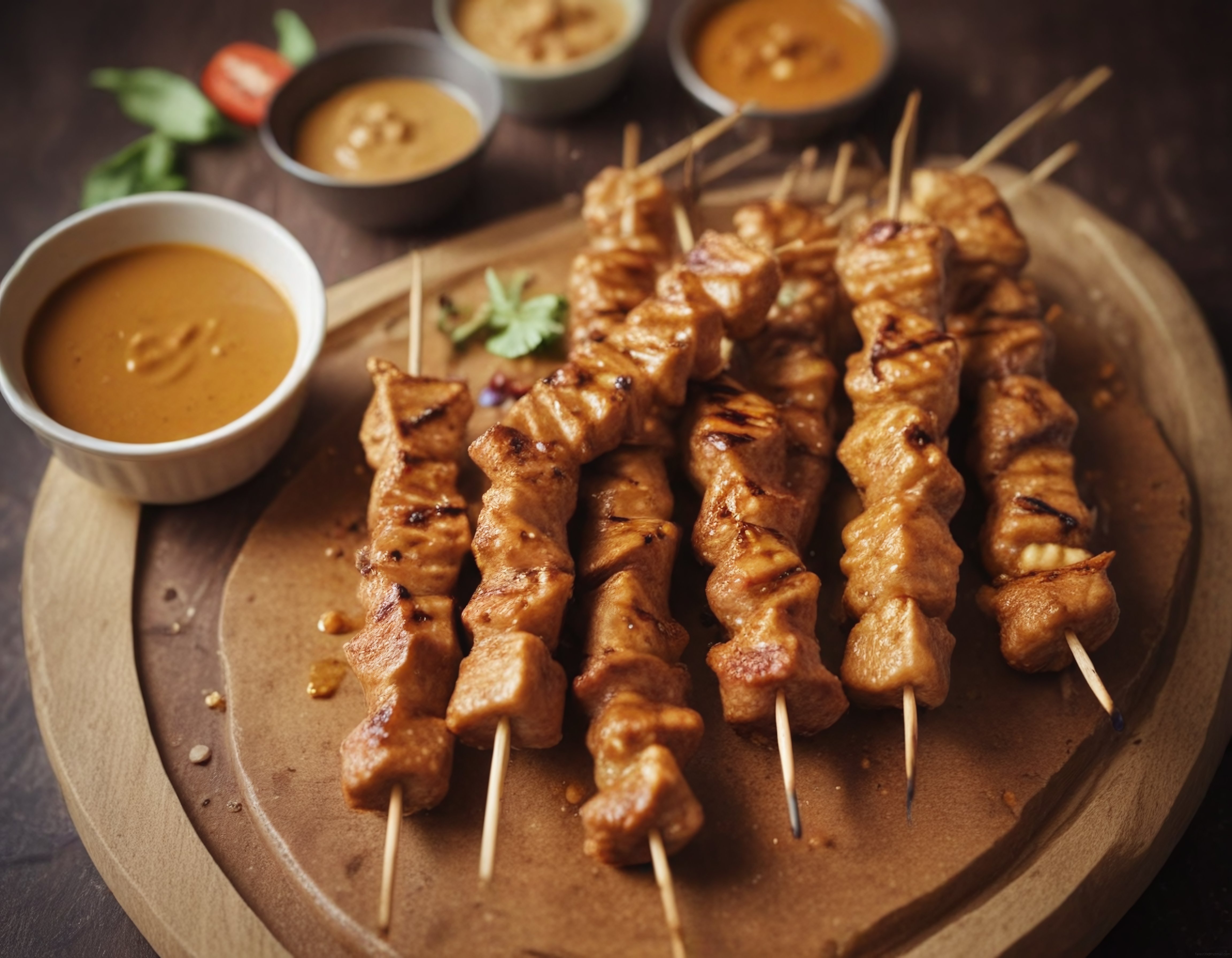 Ahşap Tepsi Üzerinde Tavuk Satay Şişleri ve Fıstık Sosu ile Asya Lezzeti
