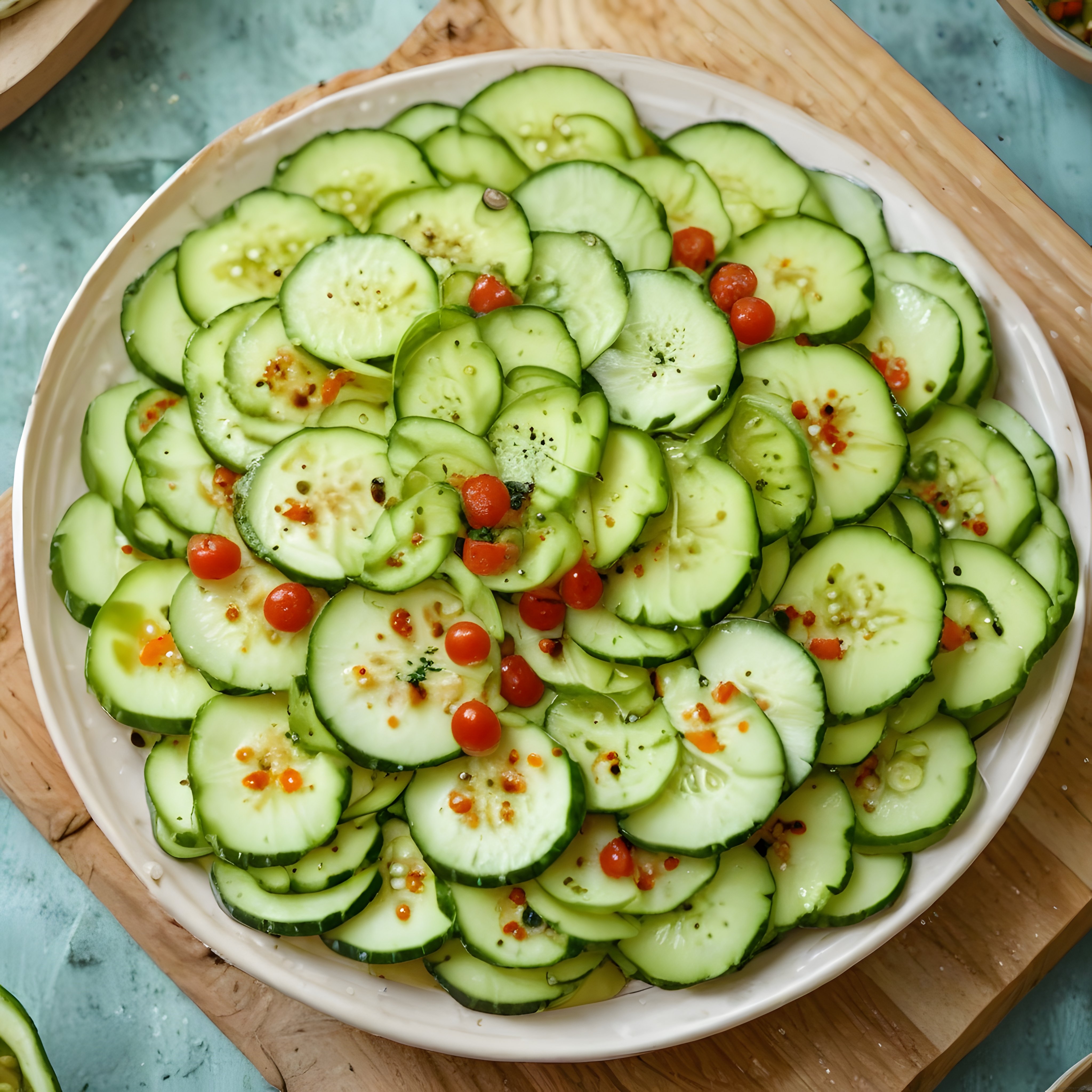Ahşap Tepsi Üzerinde Taze Baharatlı Salatalık Dilimli Vegan Meze Sunumu