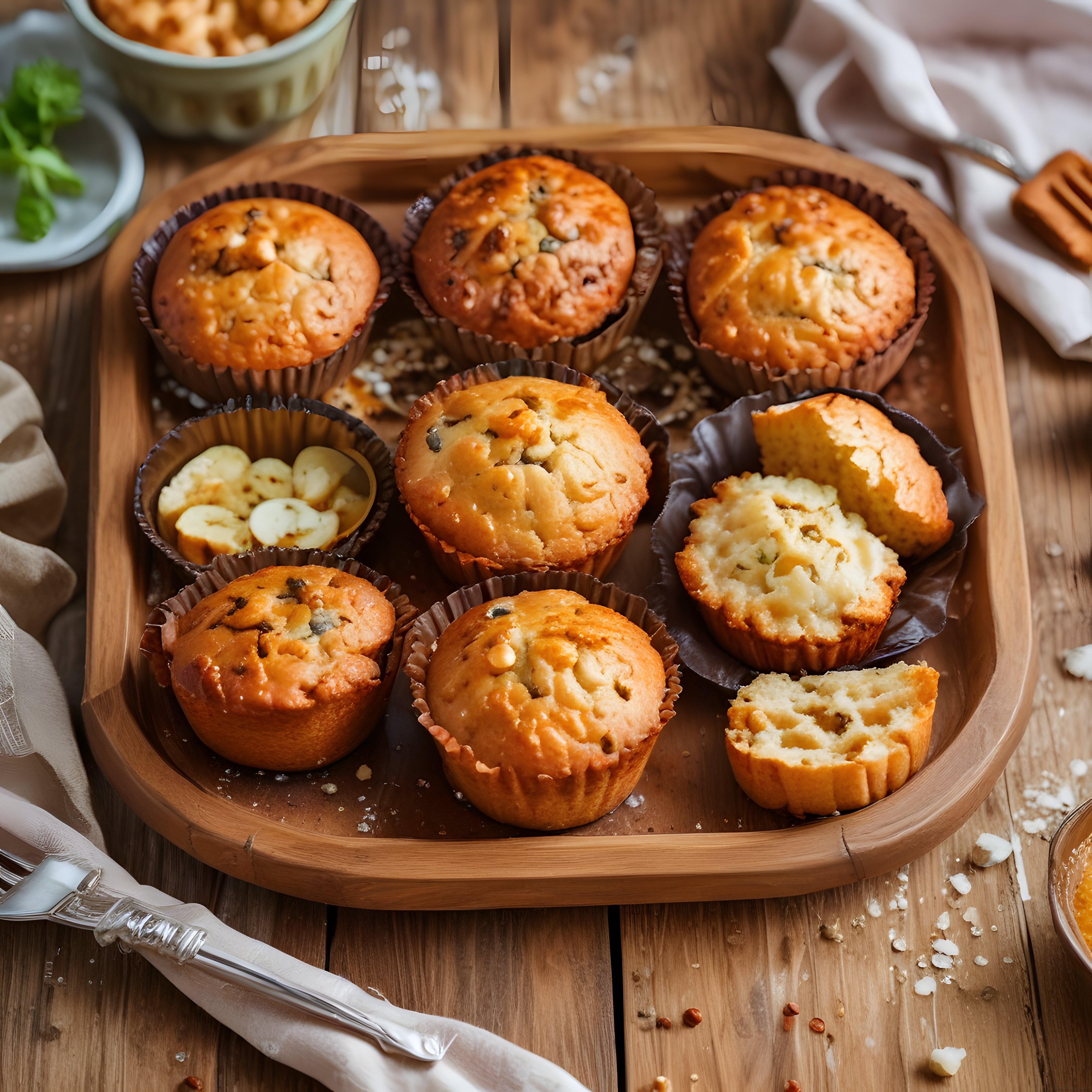 Ahşap tepsi üzerinde taze fırınlanmış muzlu muffin ve kahvaltı sunumu