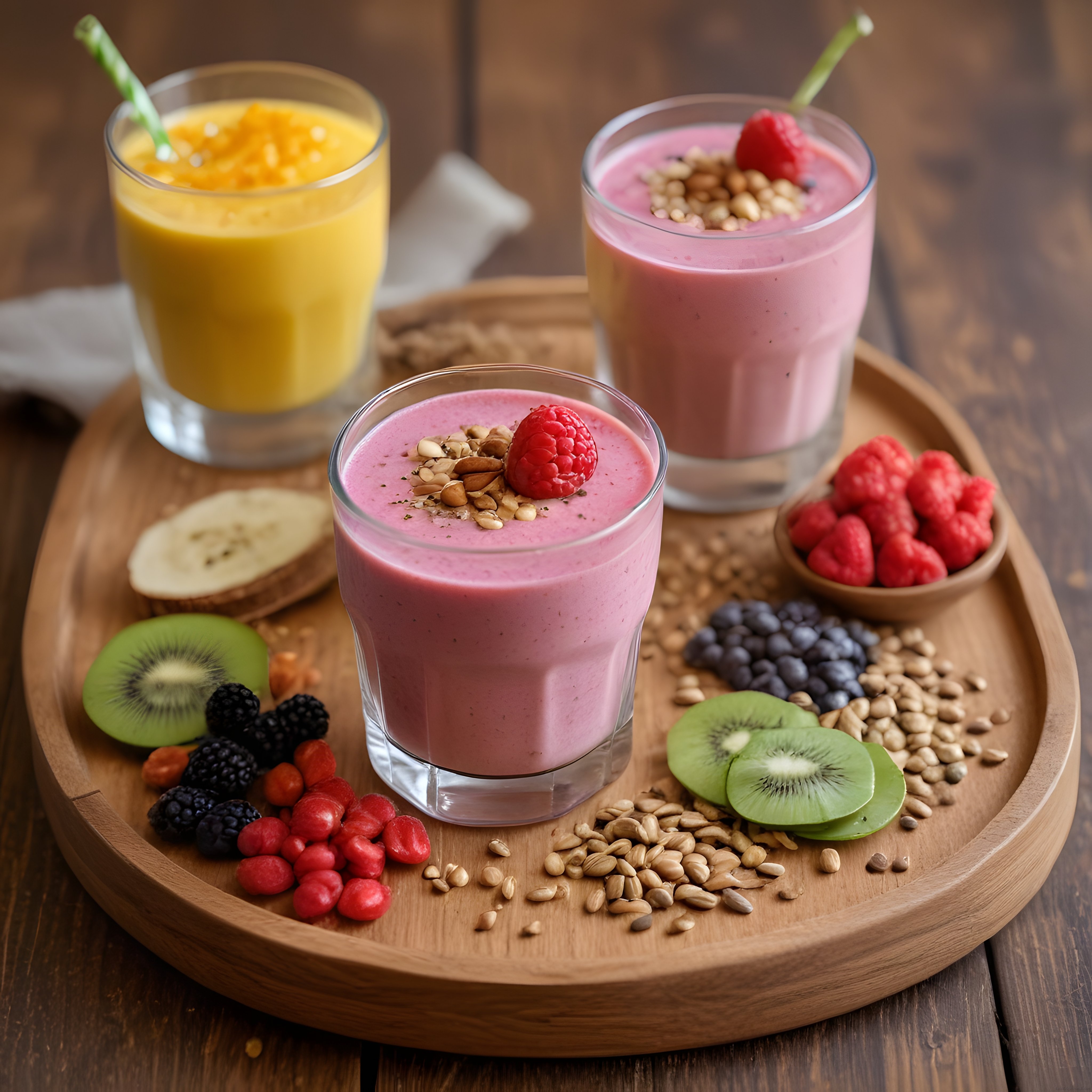 Ahşap tepsi üzerinde taze meyvelerle süslenmiş renkli ve sağlıklı smoothie görselleri