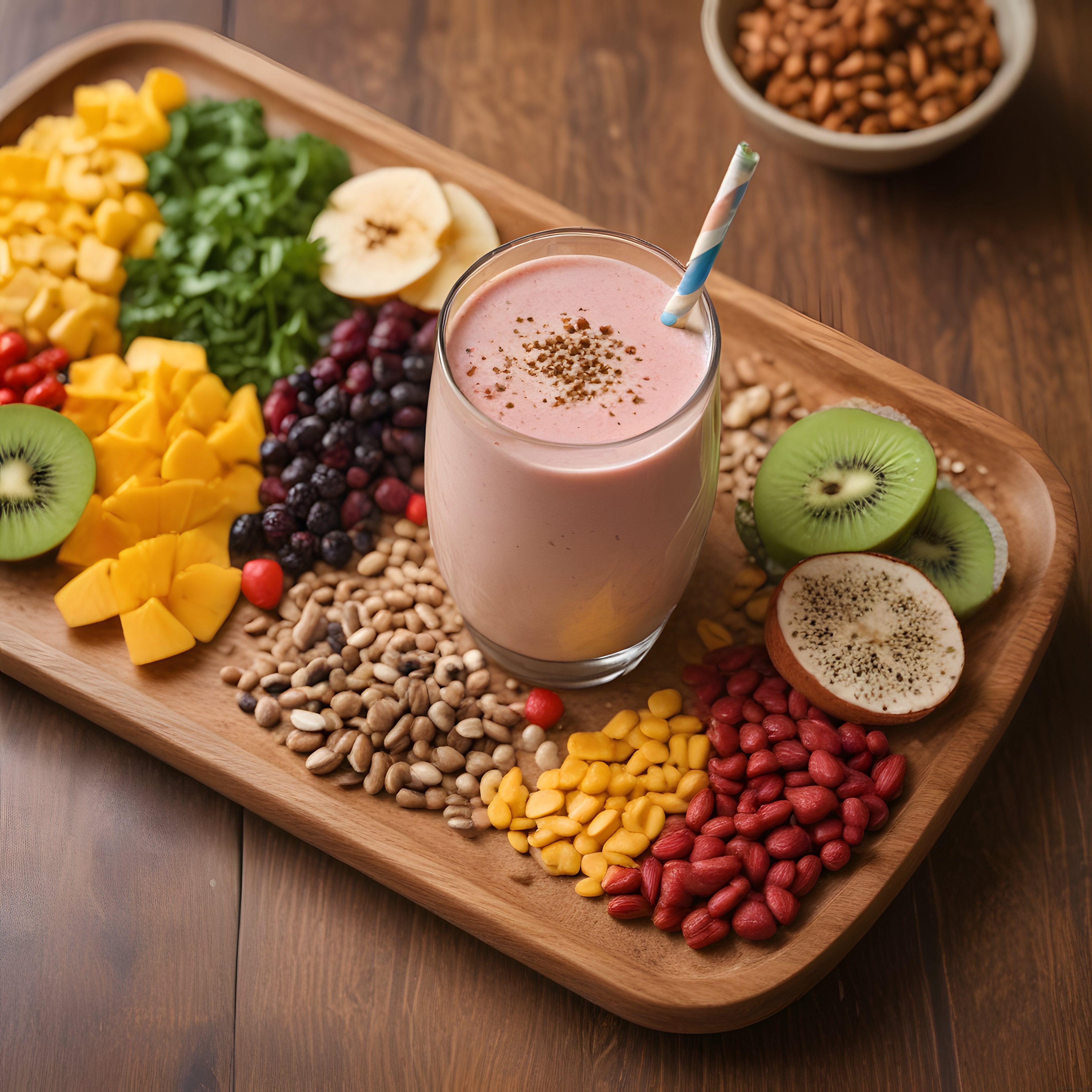 Ahşap Tepsi Üzerinde Taze Meyveli ve Kuruyemişli Sağlıklı Smoothie Sunumu