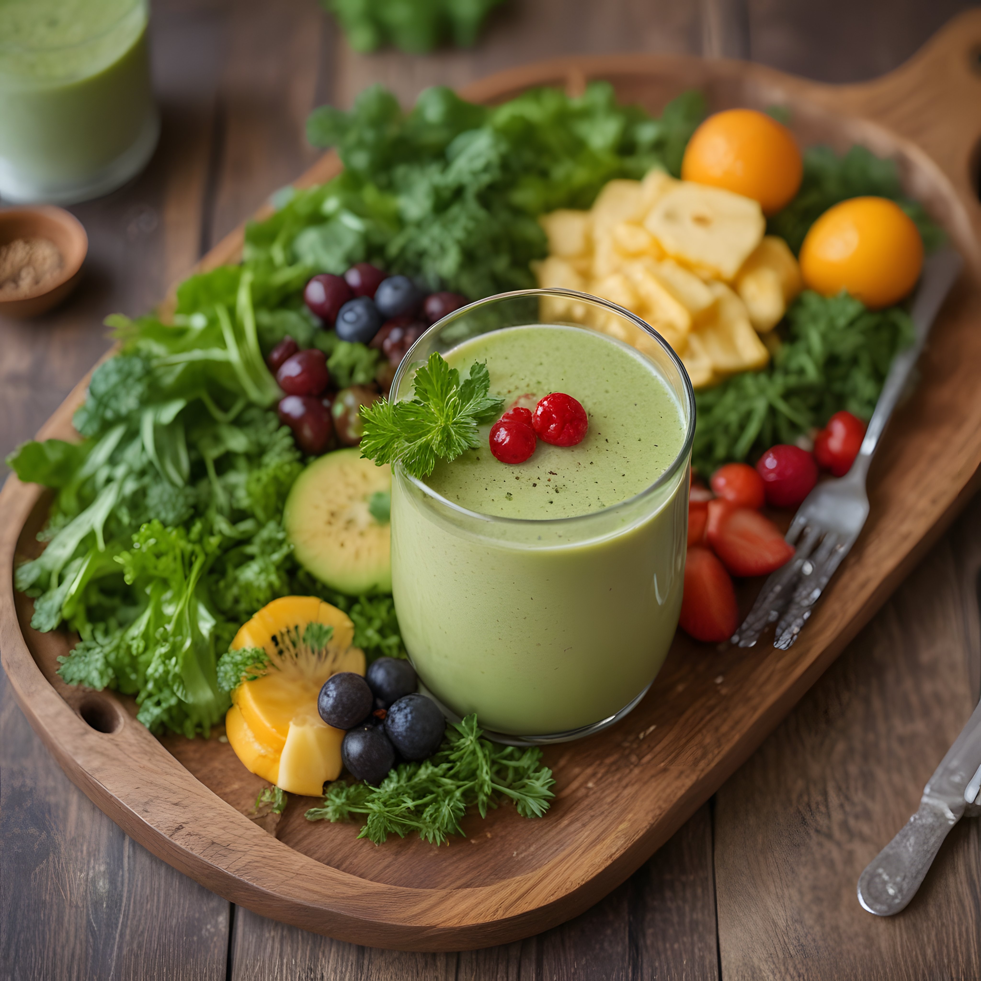 Ahşap Tepsi Üzerinde Taze Meyveli ve Yeşillikli Detoks Smoothie Sunumu