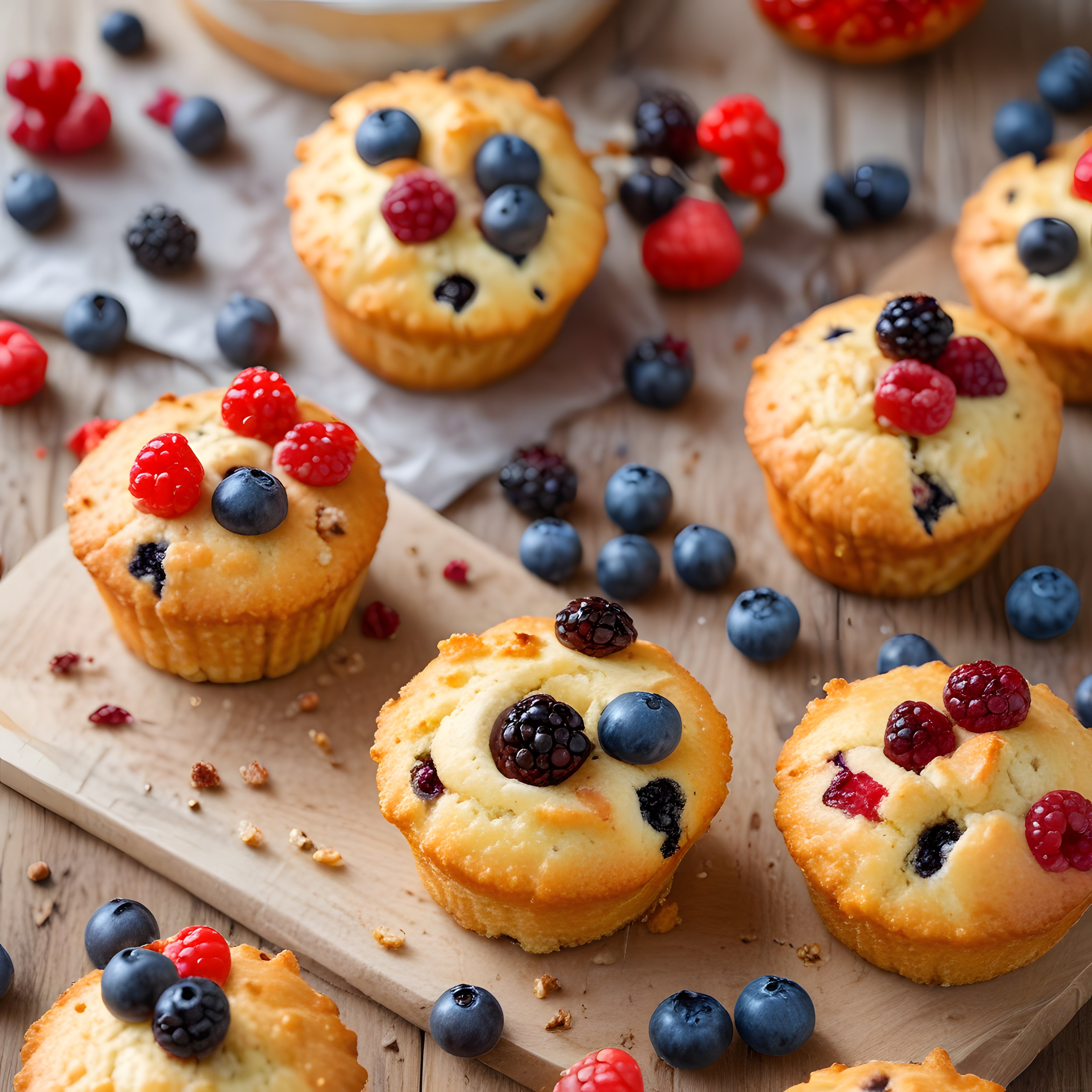 Ahşap Tepsi Üzerinde Taze Orman Meyveleriyle Süslenmiş Yumuşak Muffinler