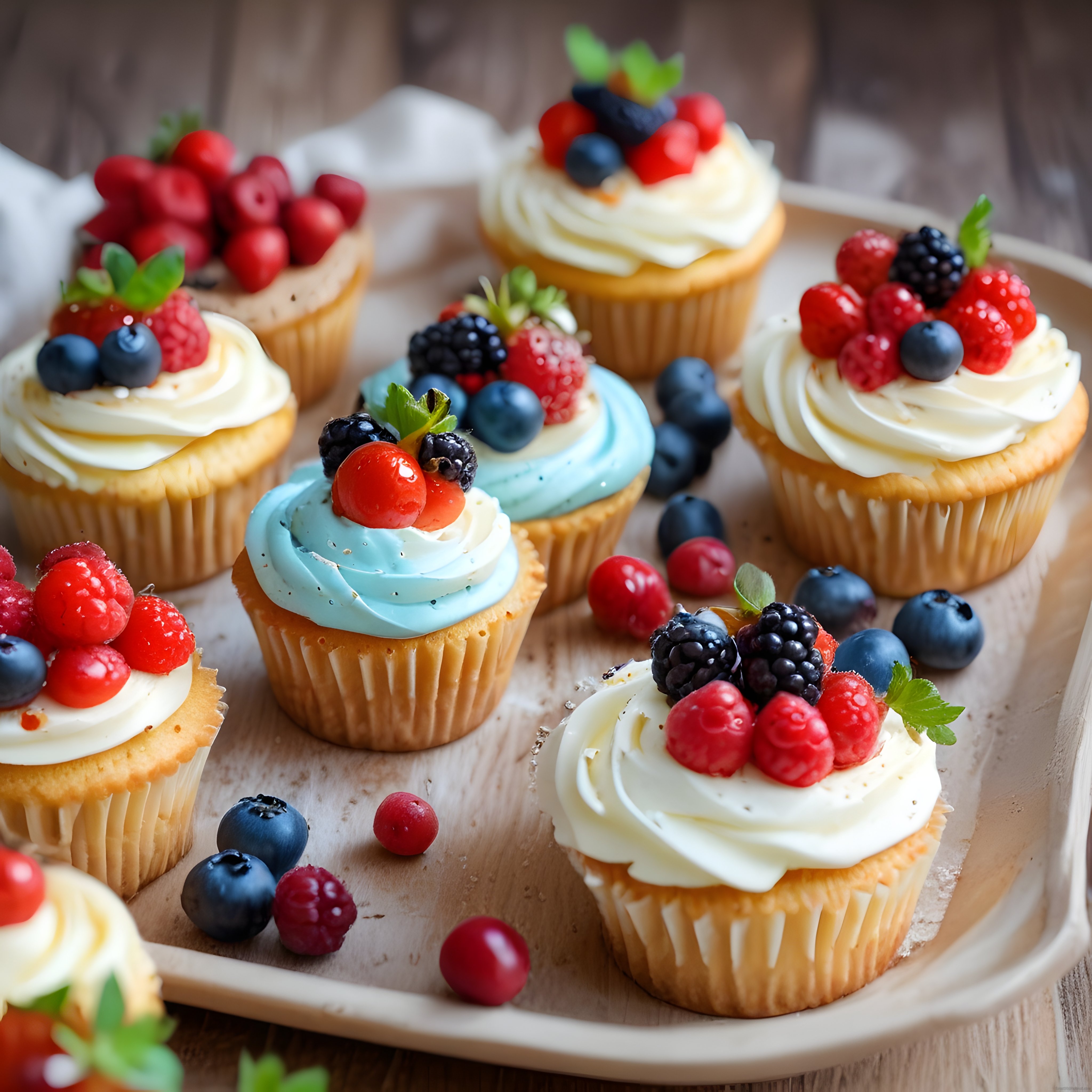 Ahşap Tepsi Üzerinde Taze Orman Meyveli ve Kremalı Cupcake Çeşitleri