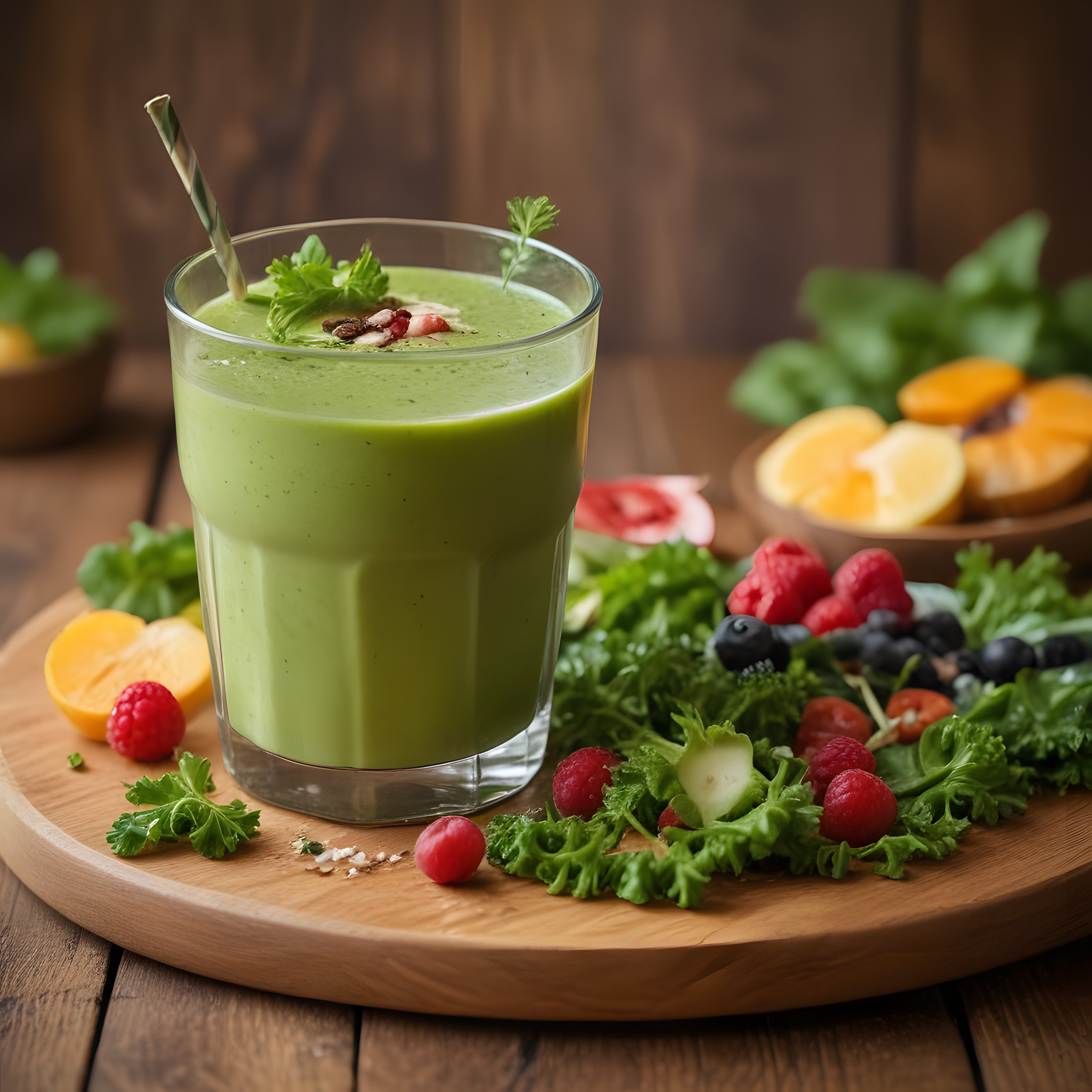 Ahşap Tepsi Üzerinde Taze Orman Meyveli Yeşil Detoks Smoothie Sunumu