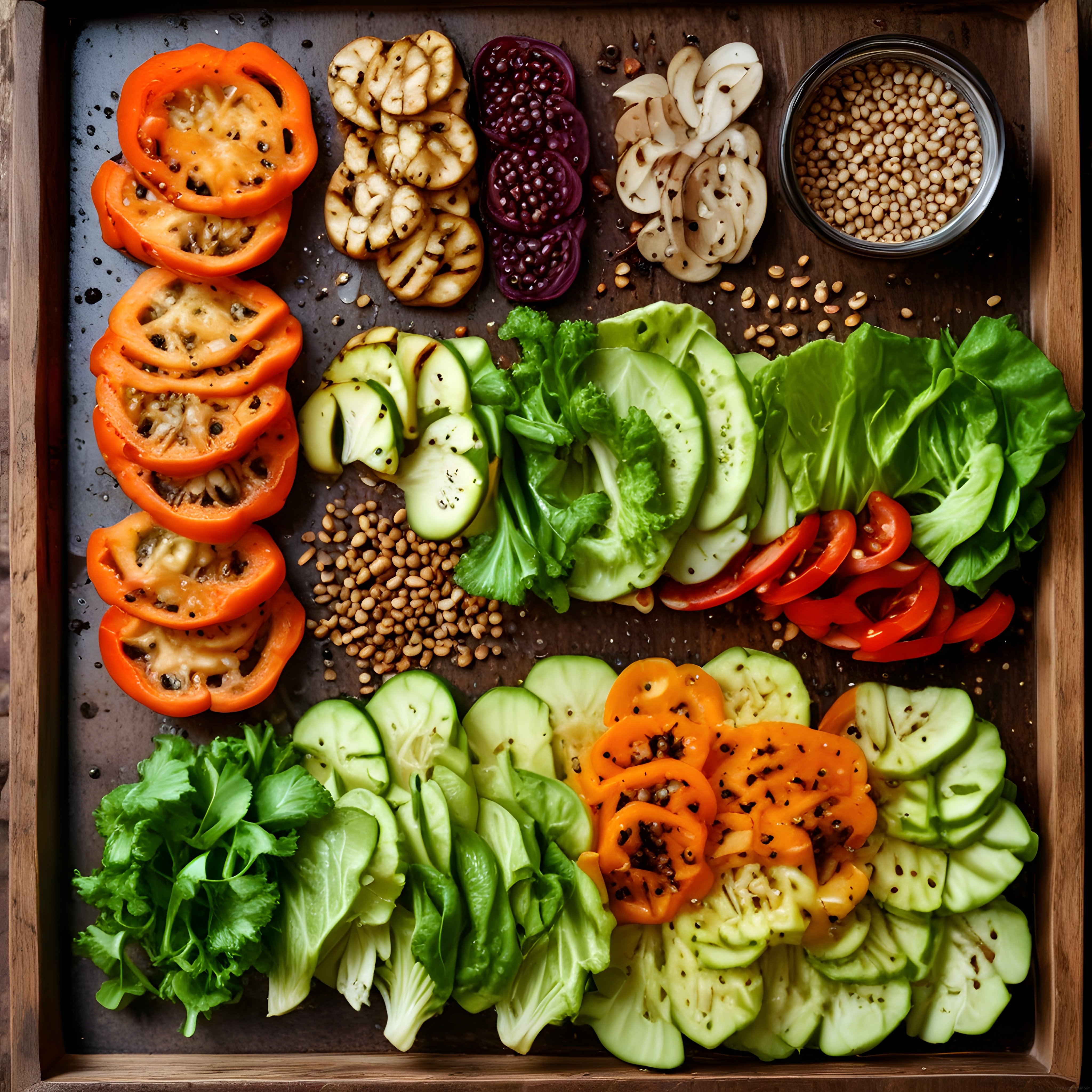 Ahşap Tepsi Üzerinde Taze Sebzelerle Hazırlanan Sağlıklı ve Renkli Vegan Sunum