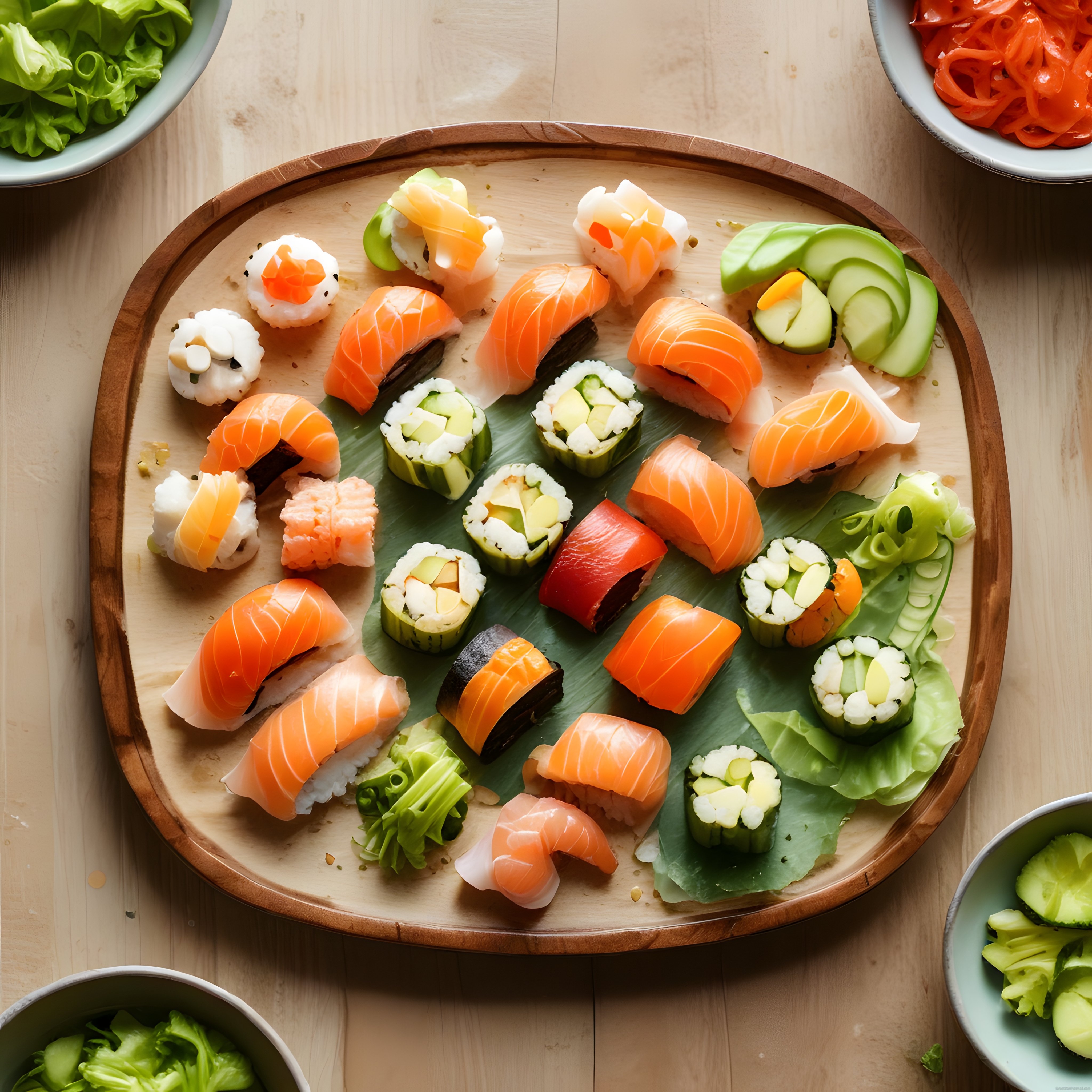 Ahşap tepsi üzerinde taze somonlu ve avokadolu çeşitli sushi sunumu