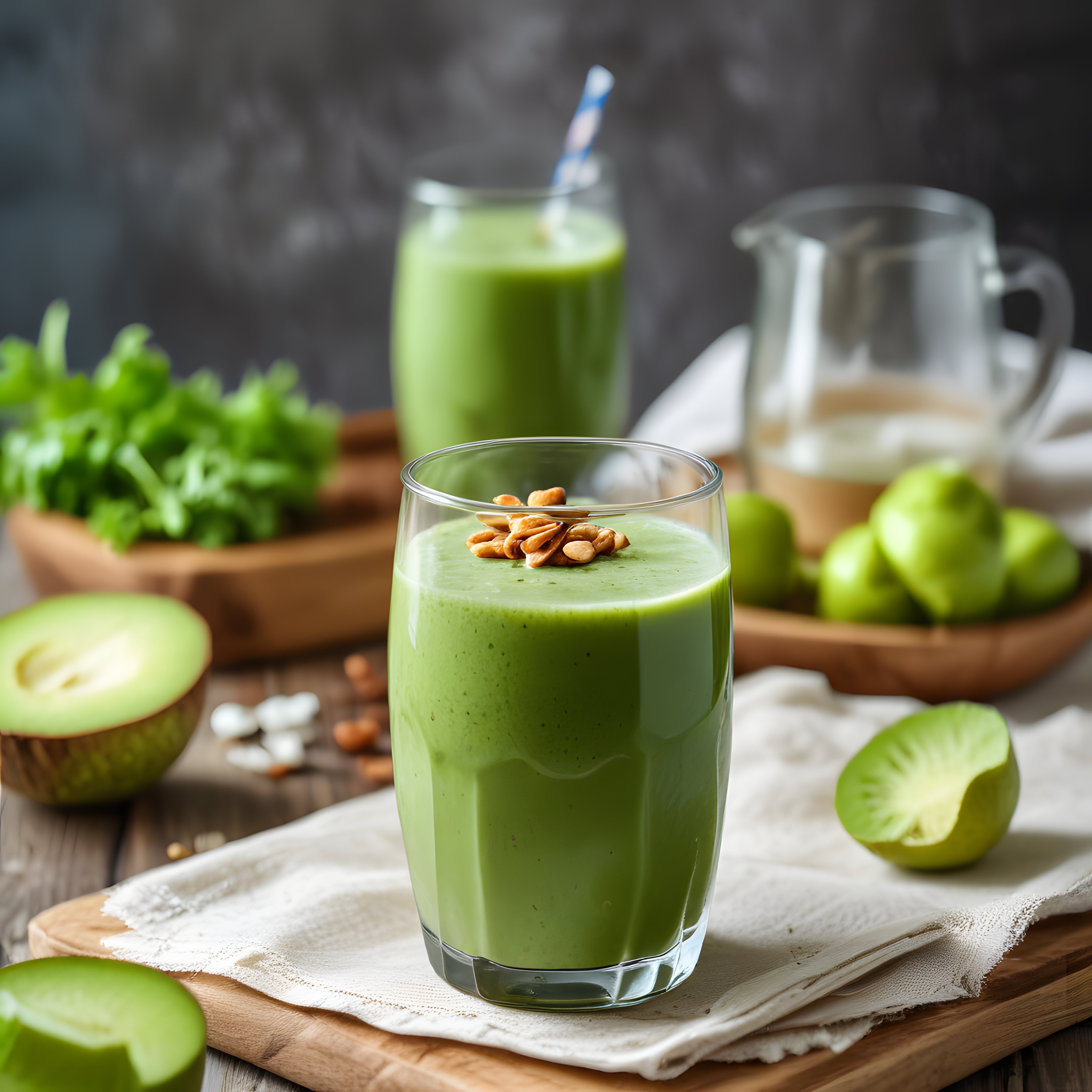 Ahşap tepsi üzerinde taze yeşil smoothie ve avokado ile besleyici sunum