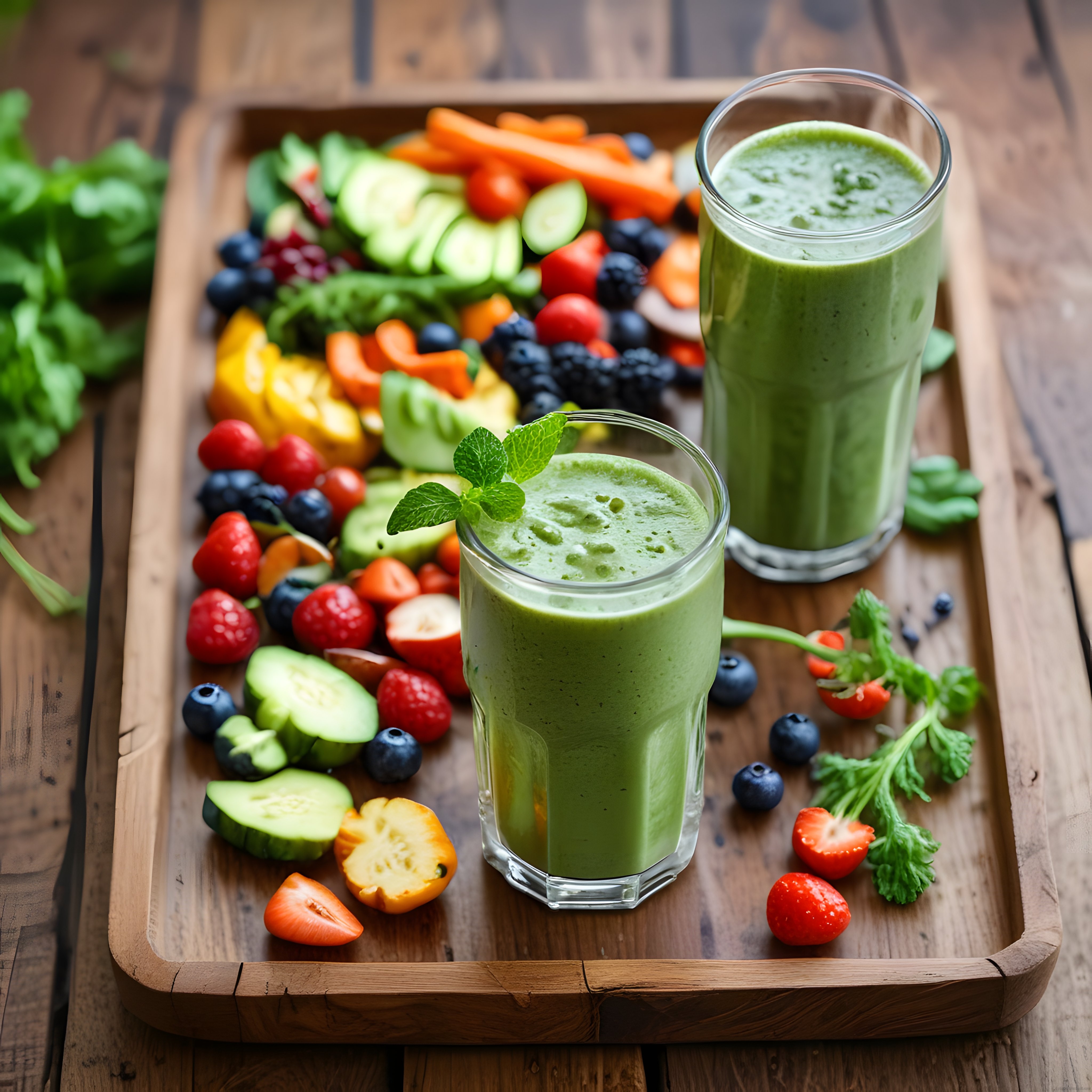 Ahşap Tepsi Üzerinde Taze Yeşil Smoothie ve Renkli Meyve Sebze Sunumu