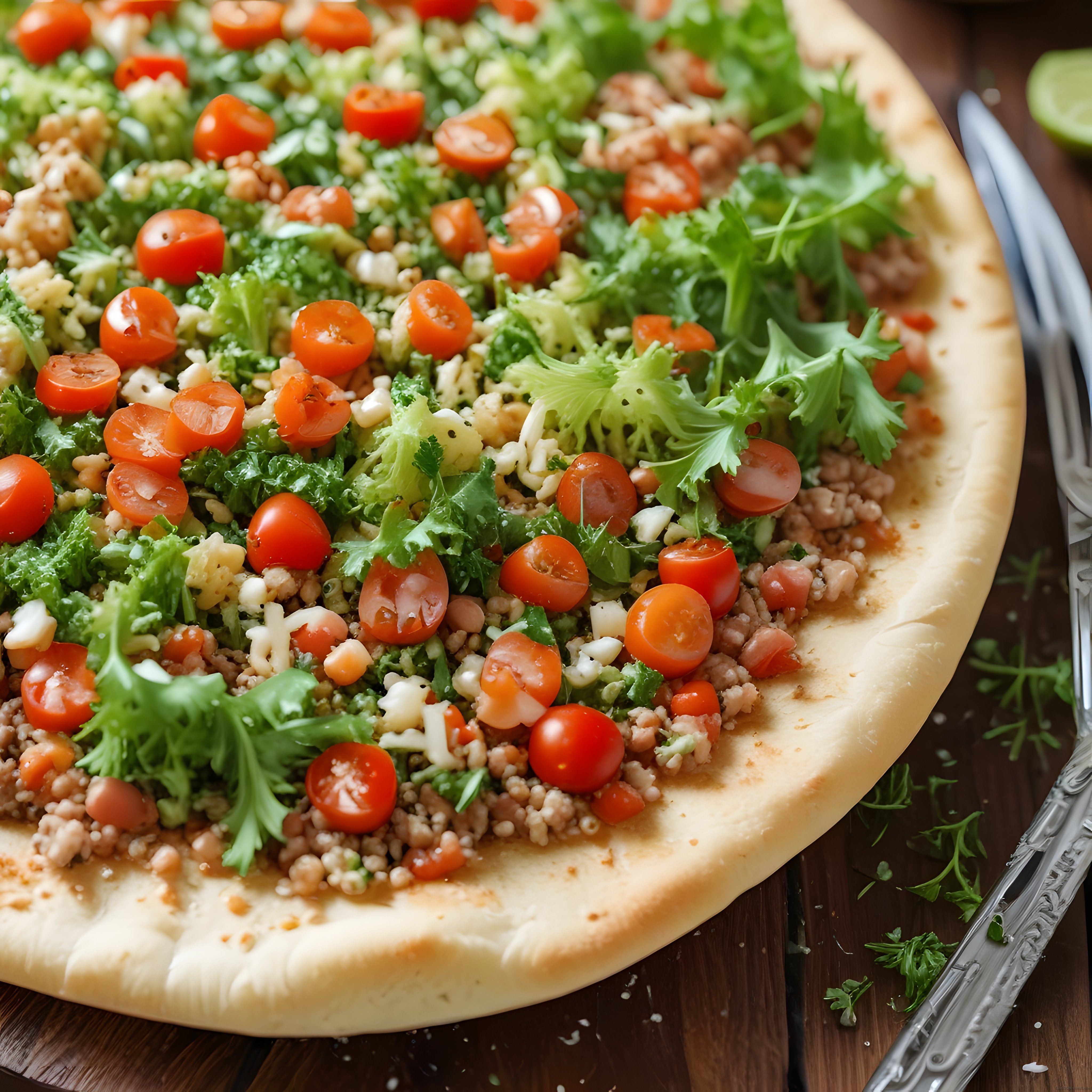 Ahşap Tepsi Üzerinde Taze Yeşillikli ve Domatesli Ev Pizza Tarifi