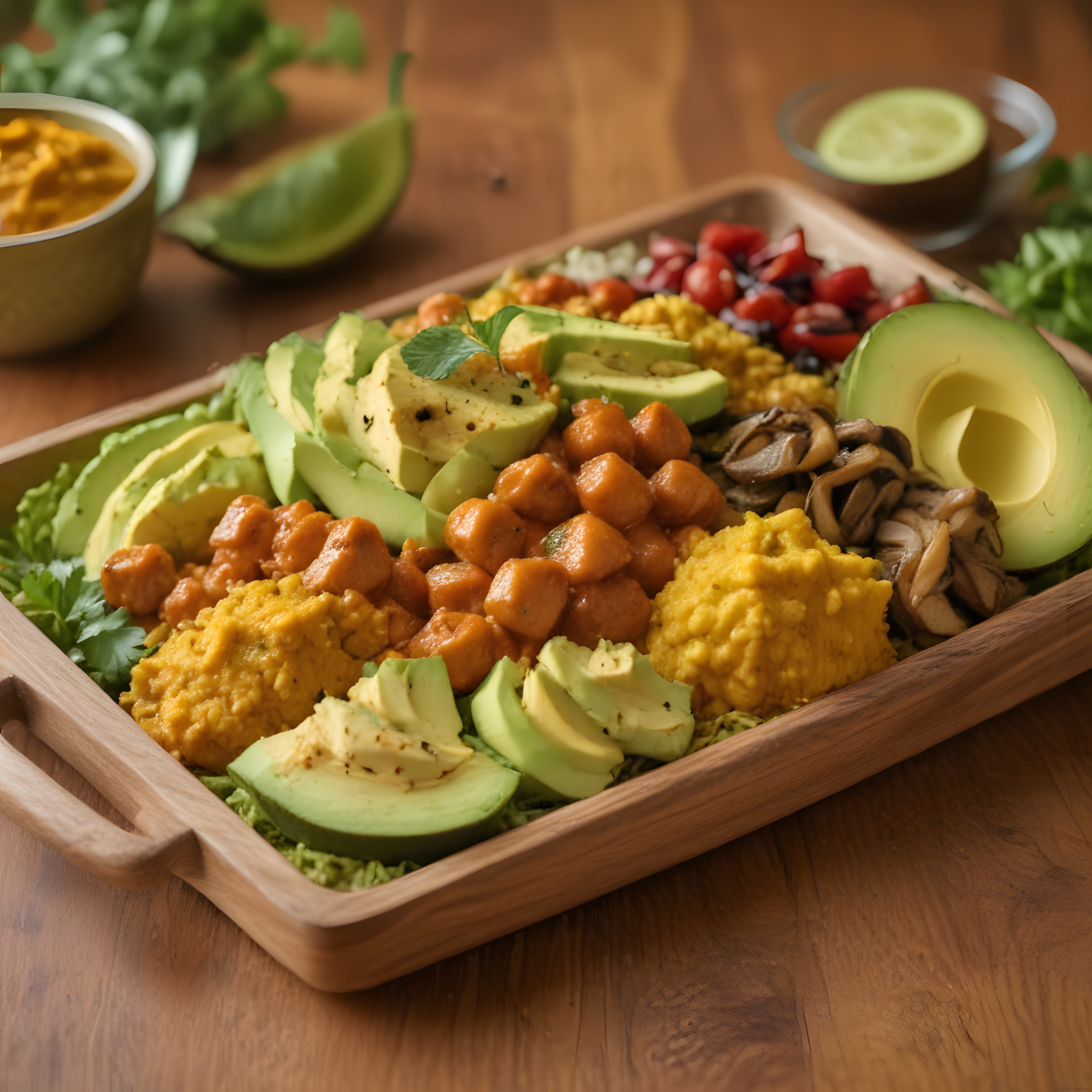 Ahşap Tepside Avokado Nohut Mantarlı Sağlıklı Vegan Buddha Bowl