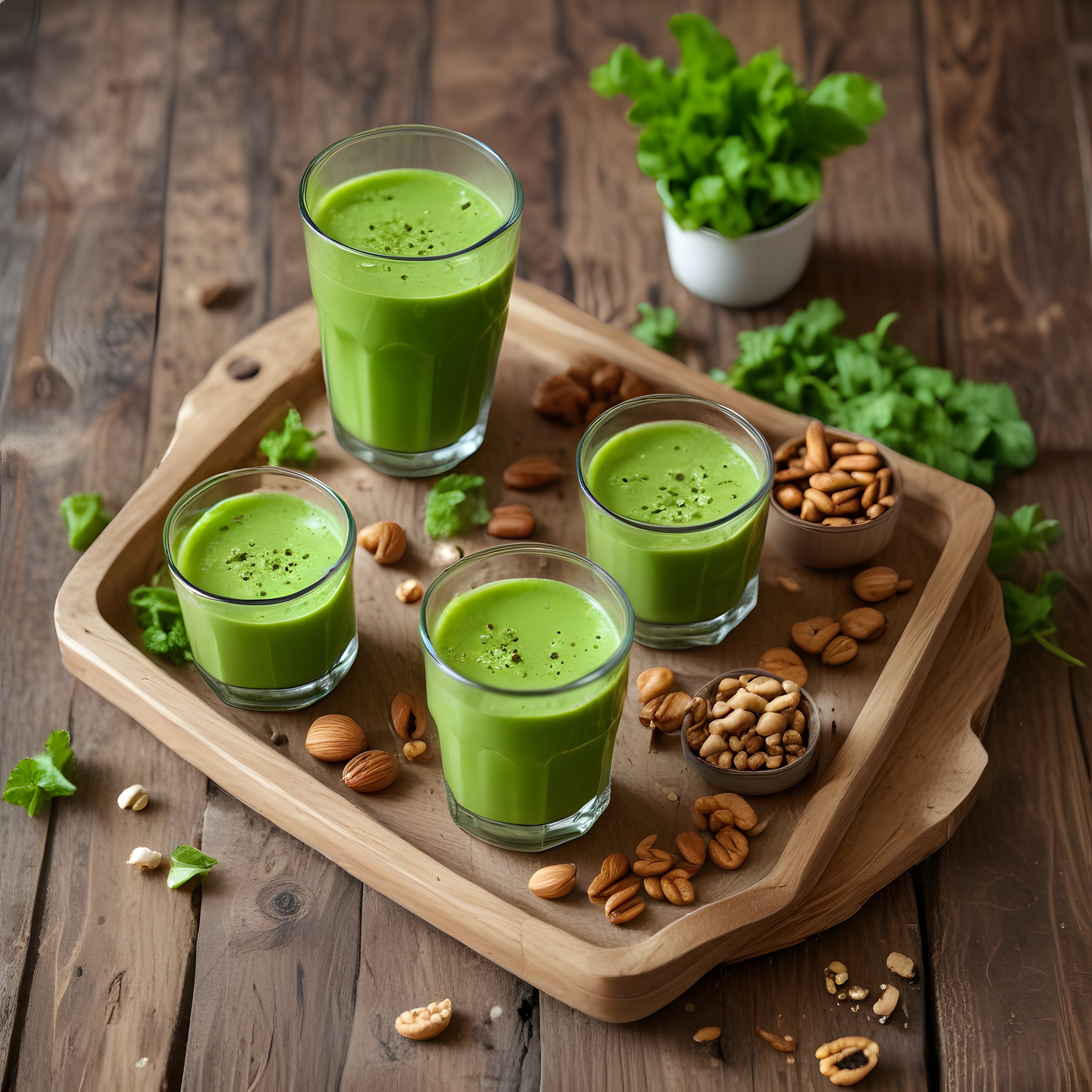 Ahşap Tepside Bademli Ispanaklı Yeşil Smoothie Tarifi ve Sunum Önerileri