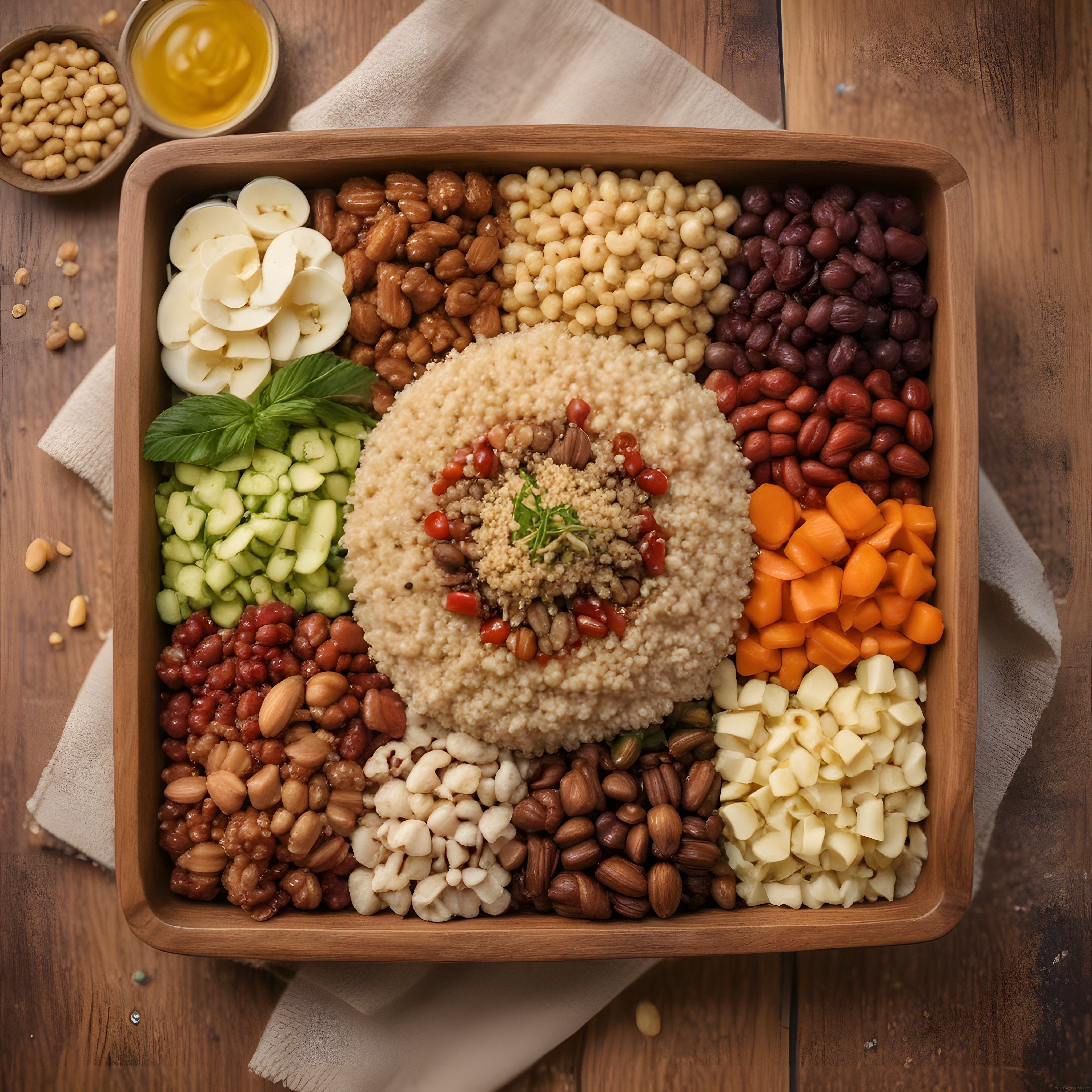 Ahşap Tepside Bakliyatlı Sebzeli Kuskus Salatası ve Sağlıklı Sunum