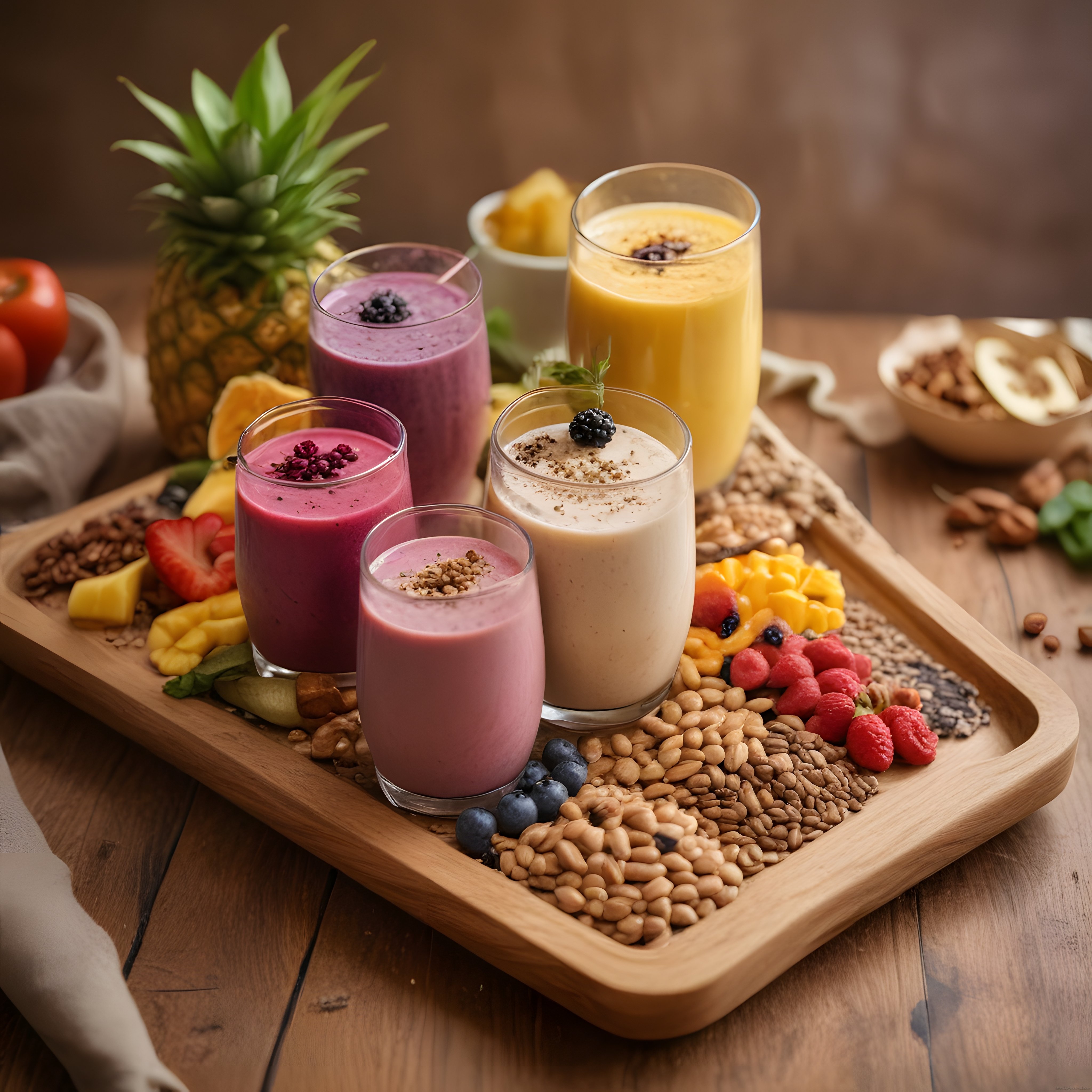 Ahşap Tepside Beş Farklı Renkte Meyve Smoothie ve Taze Malzemelerle Sunum
