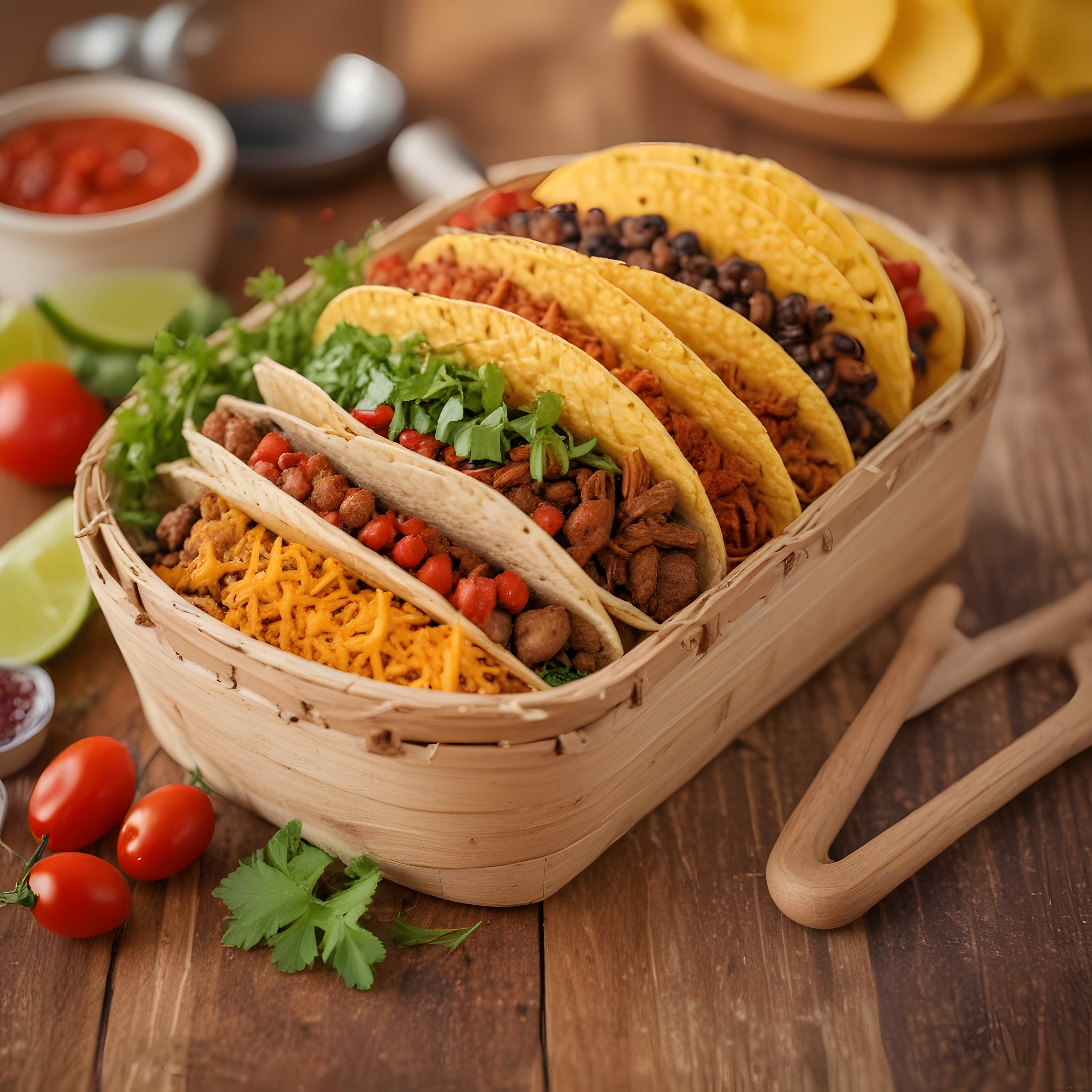 Ahşap Tepside Çeşitli Dolgularla Hazırlanmış Renkli Meksika Taco'ları