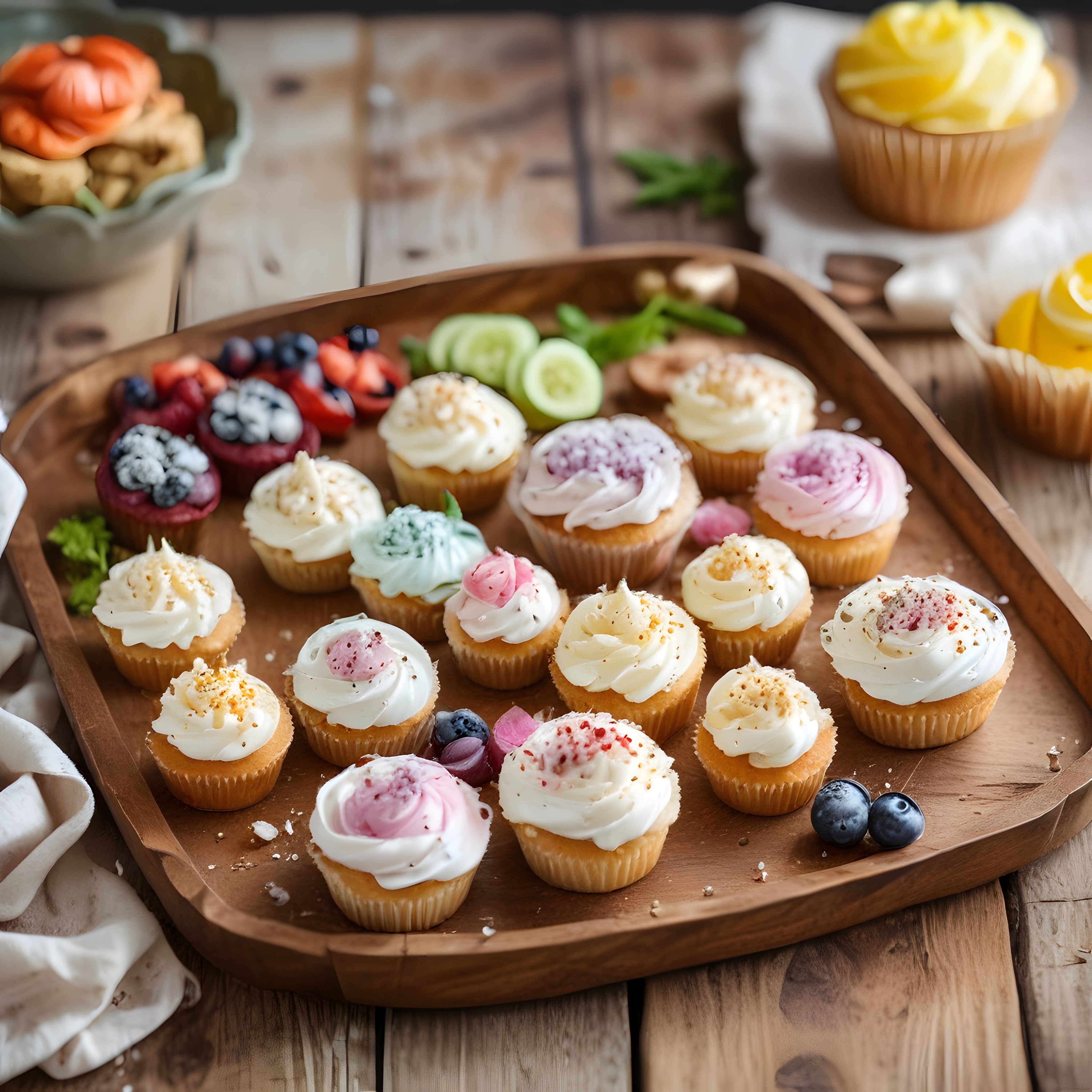Ahşap Tepside Çeşitli Krema Süslü Cupcake ve Taze Meyveli Mini Tatlılar