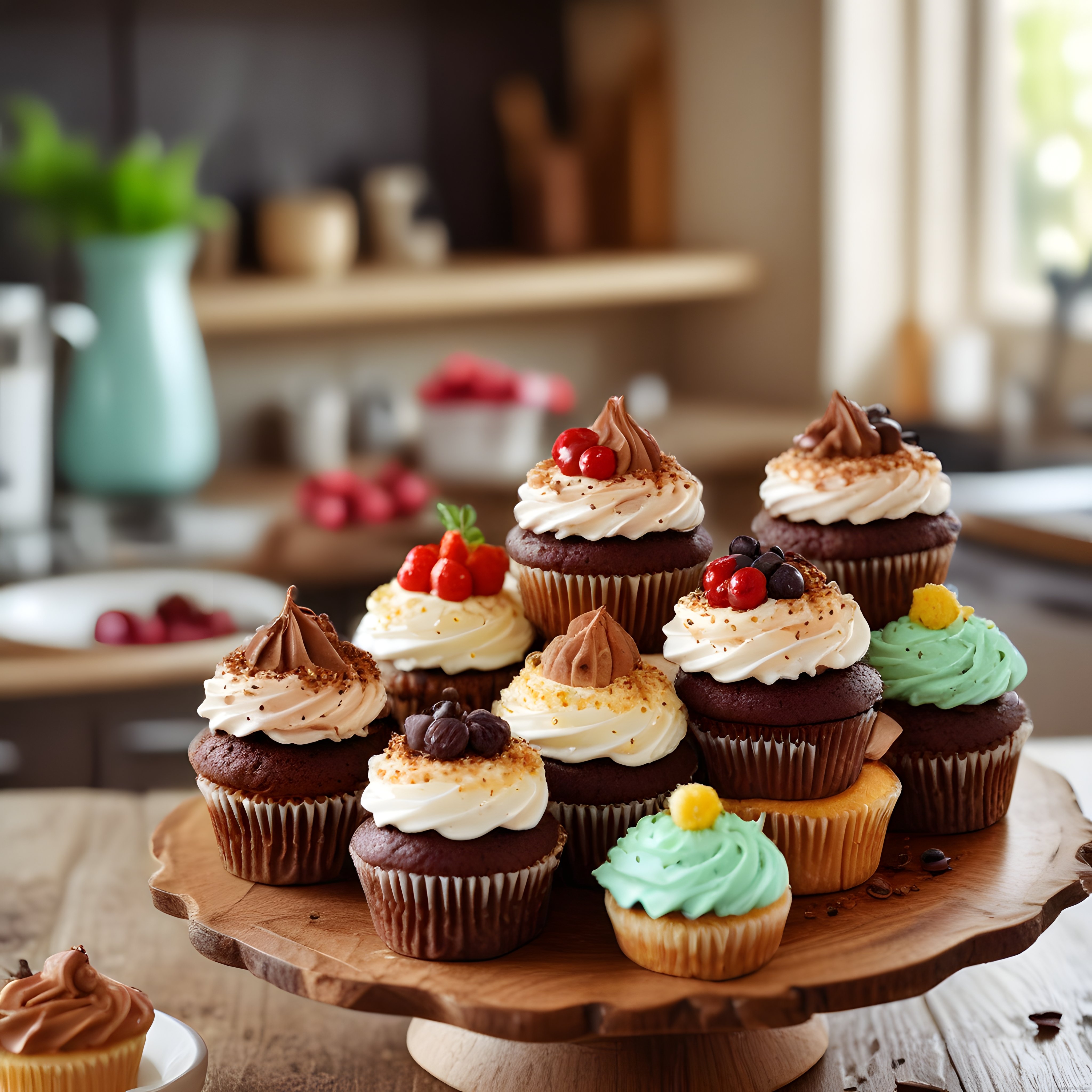 Ahşap Tepside Çeşitli Kremalı Cupcakeler: Ev Yapımı Tatlı Sunum ve Süsleme
